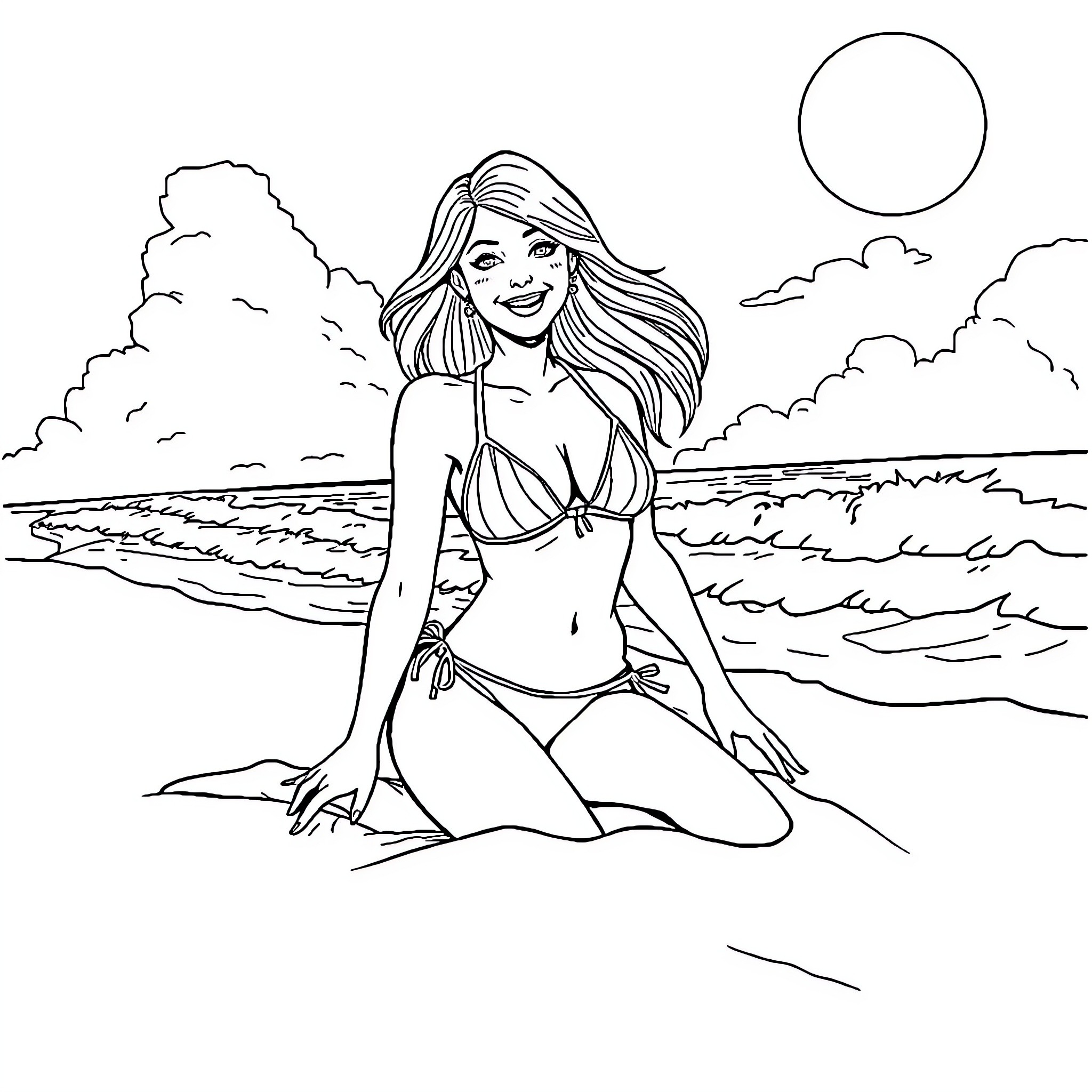 Gwen Tennyson enjoying a sunny day at the beach Coloring Page (free black-and-white line drawing printable PDF for all, from beginners to advanced learners, including children, teens, adults, and seniors)
