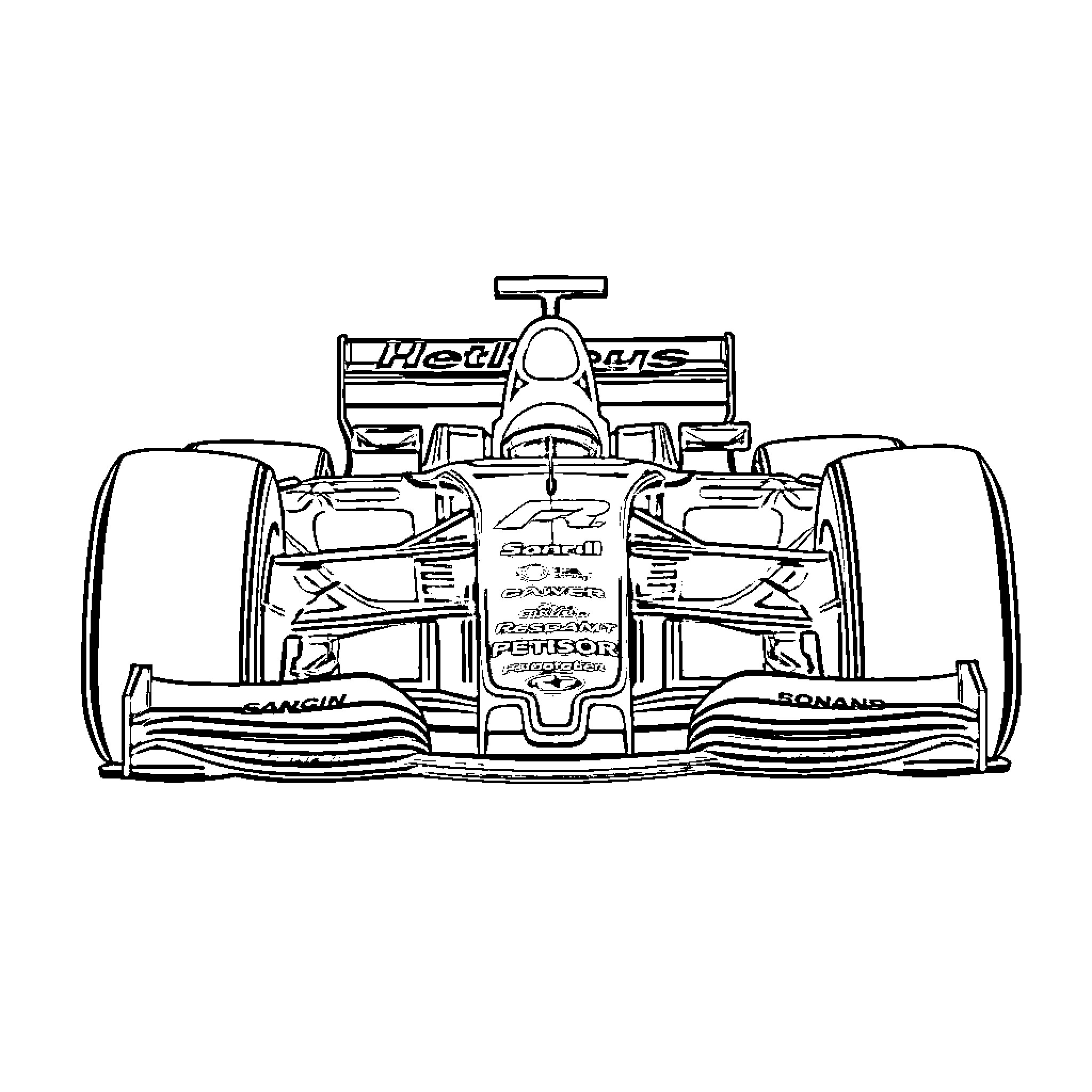 F1 Car speeding on the track Coloring Page (free black-and-white line drawing printable PDF for all, from beginners to advanced learners, including children, teens, adults, and seniors)