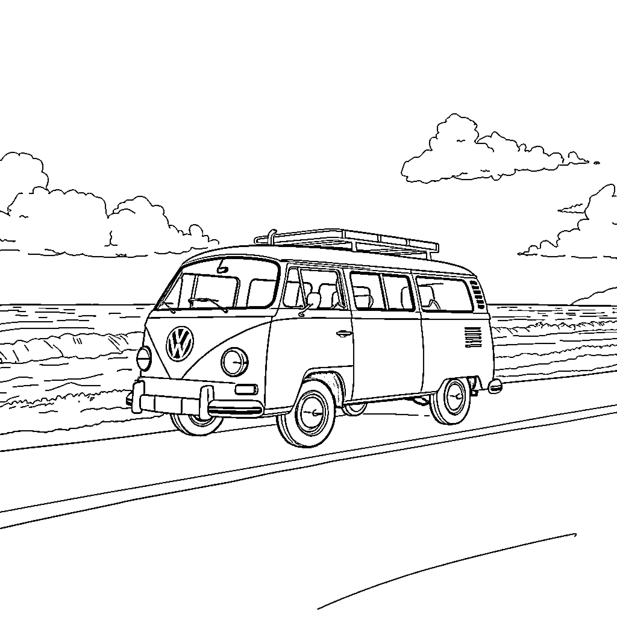 Volkswagen Combi on a scenic road trip Coloring Page (free black-and-white line drawing printable PDF for all, from beginners to advanced learners, including children, teens, adults, and seniors)