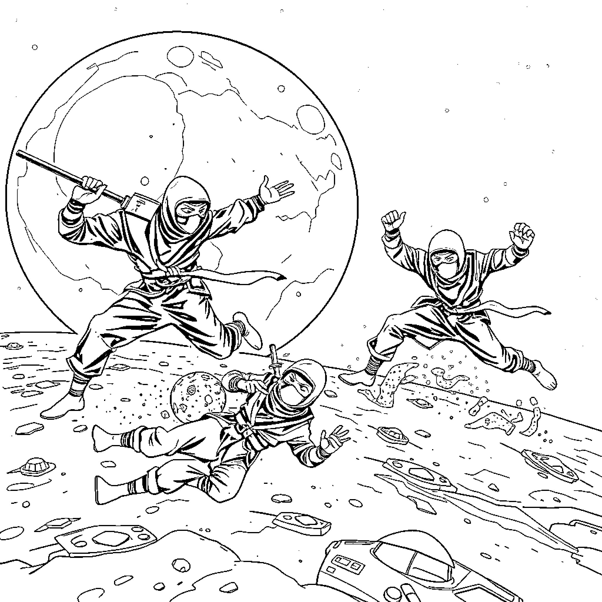 Ninja warriors training in the moon-lit wilderness Coloring Page (free black-and-white line drawing printable PDF for all, from beginners to advanced learners, including children, teens, adults, and seniors)
