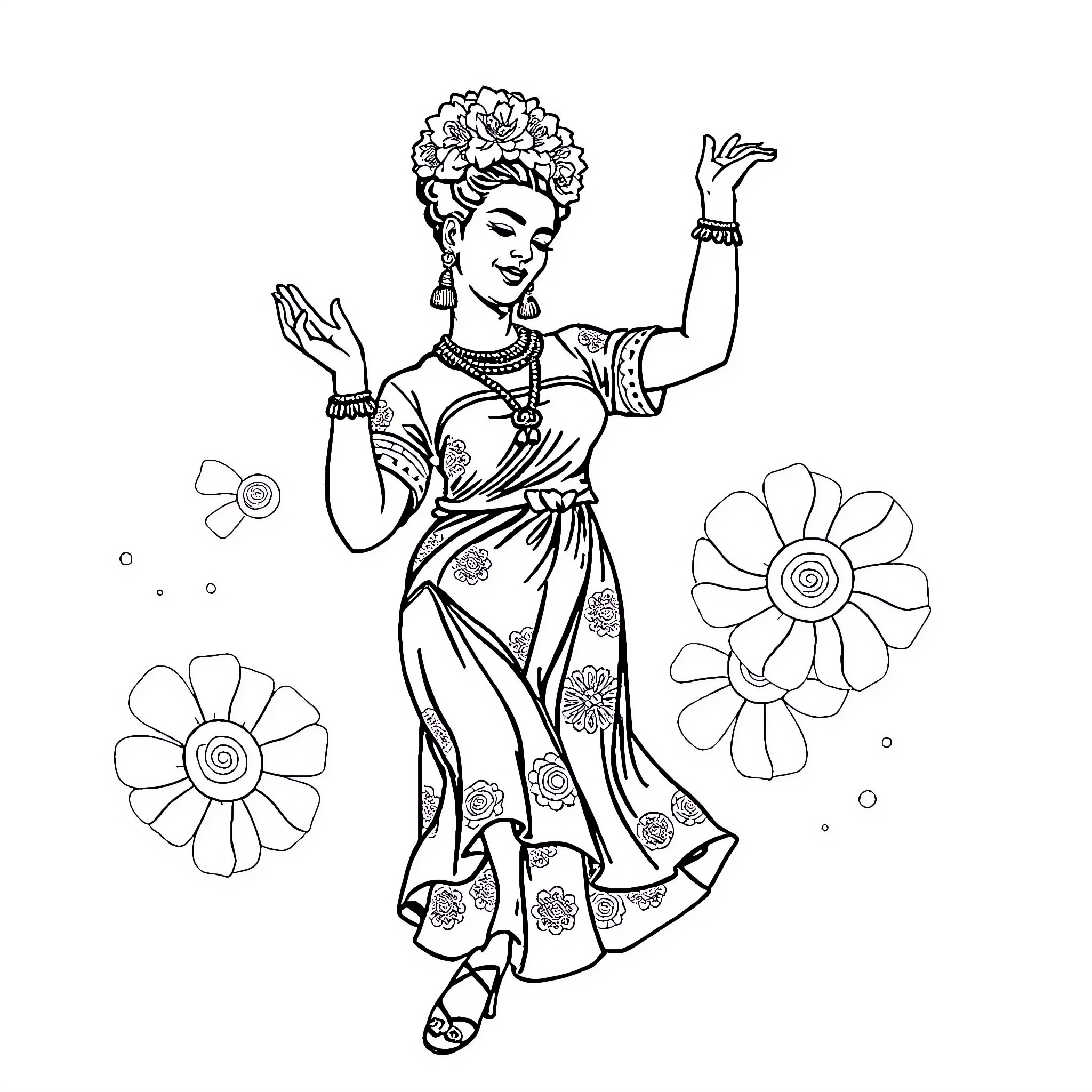 Frida Kahlo dancing in traditional Mexican attire Coloring Page (free black-and-white line drawing printable PDF for all, from beginners to advanced learners, including children, teens, adults, and seniors)