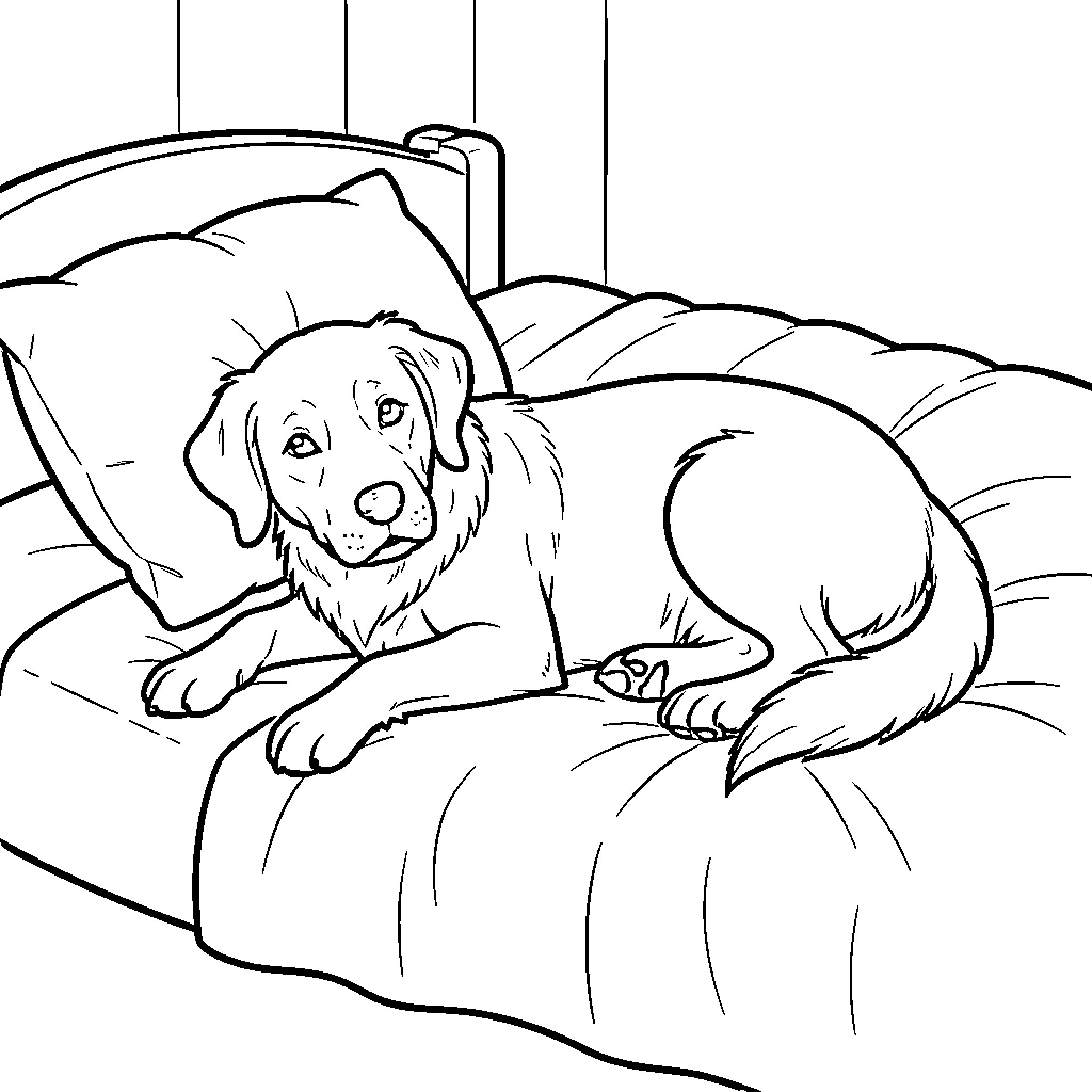 Dog resting peacefully on a large bed Coloring Page (free black-and-white line drawing printable PDF for all, from beginners to advanced learners, including children, teens, adults, and seniors)