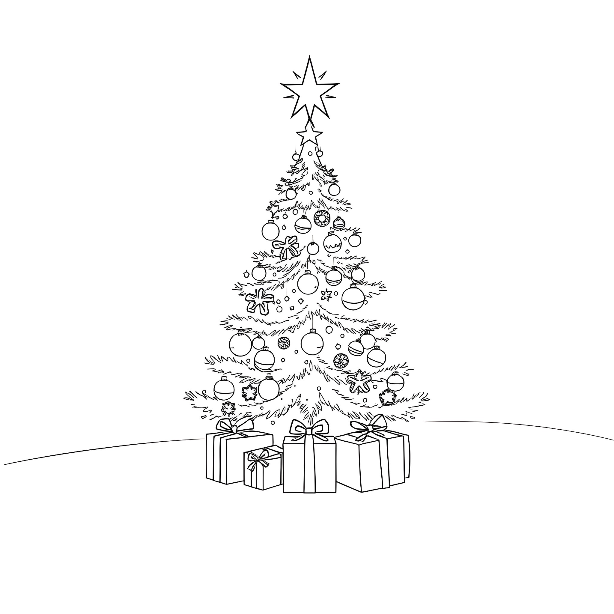 Christmas Tree with Decorations and Gifts Coloring Page (free black-and-white line drawing printable PDF for all, from beginners to advanced learners, including children, teens, adults, and seniors)