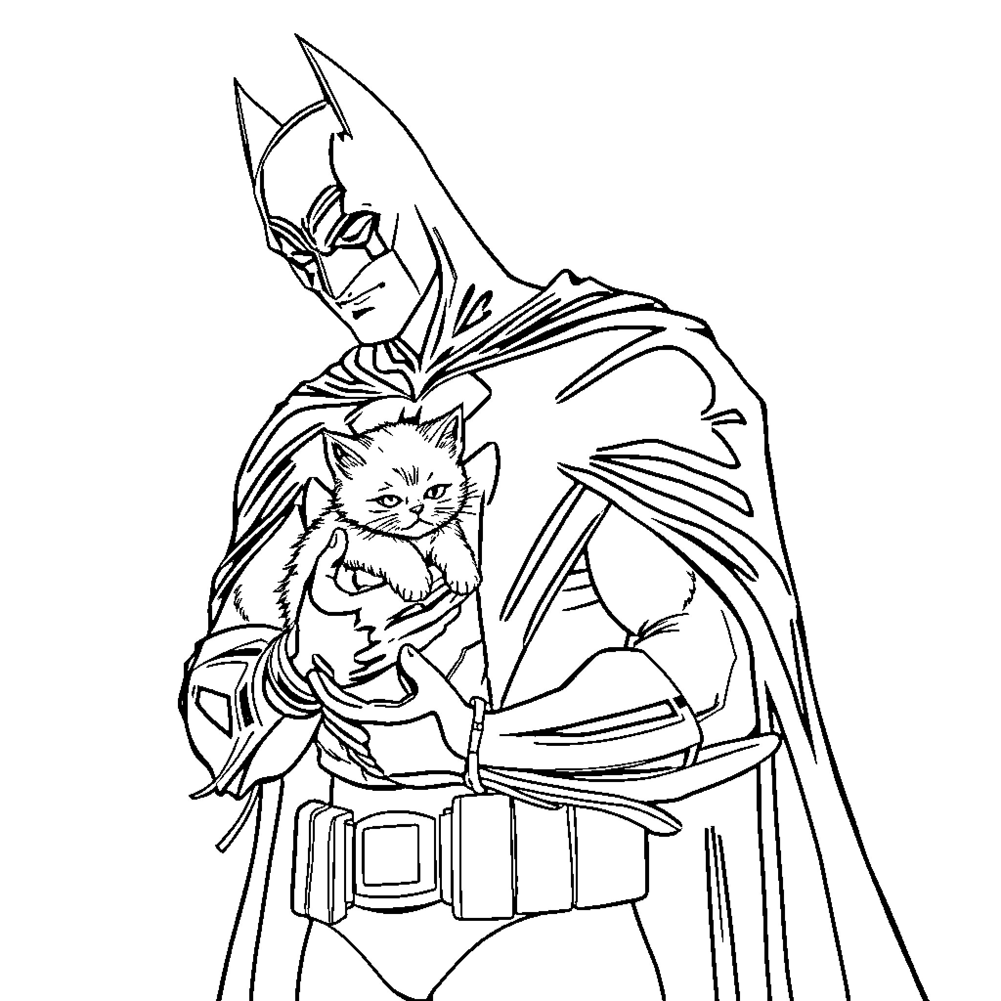 Batman Saving a Kitten from Harm Coloring Page (free black-and-white line drawing printable PDF for all, from beginners to advanced learners, including children, teens, adults, and seniors)