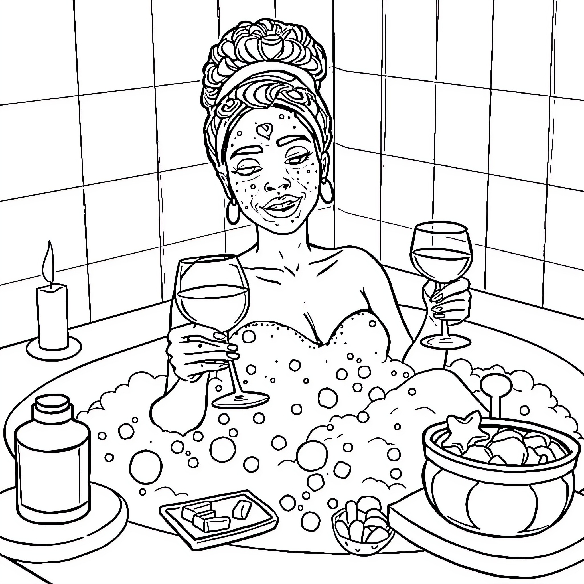 Queen relaxing in a luxurious bubble bath with wine Coloring Page (free black-and-white line drawing printable PDF for all, from beginners to advanced learners, including children, teens, adults, and seniors)