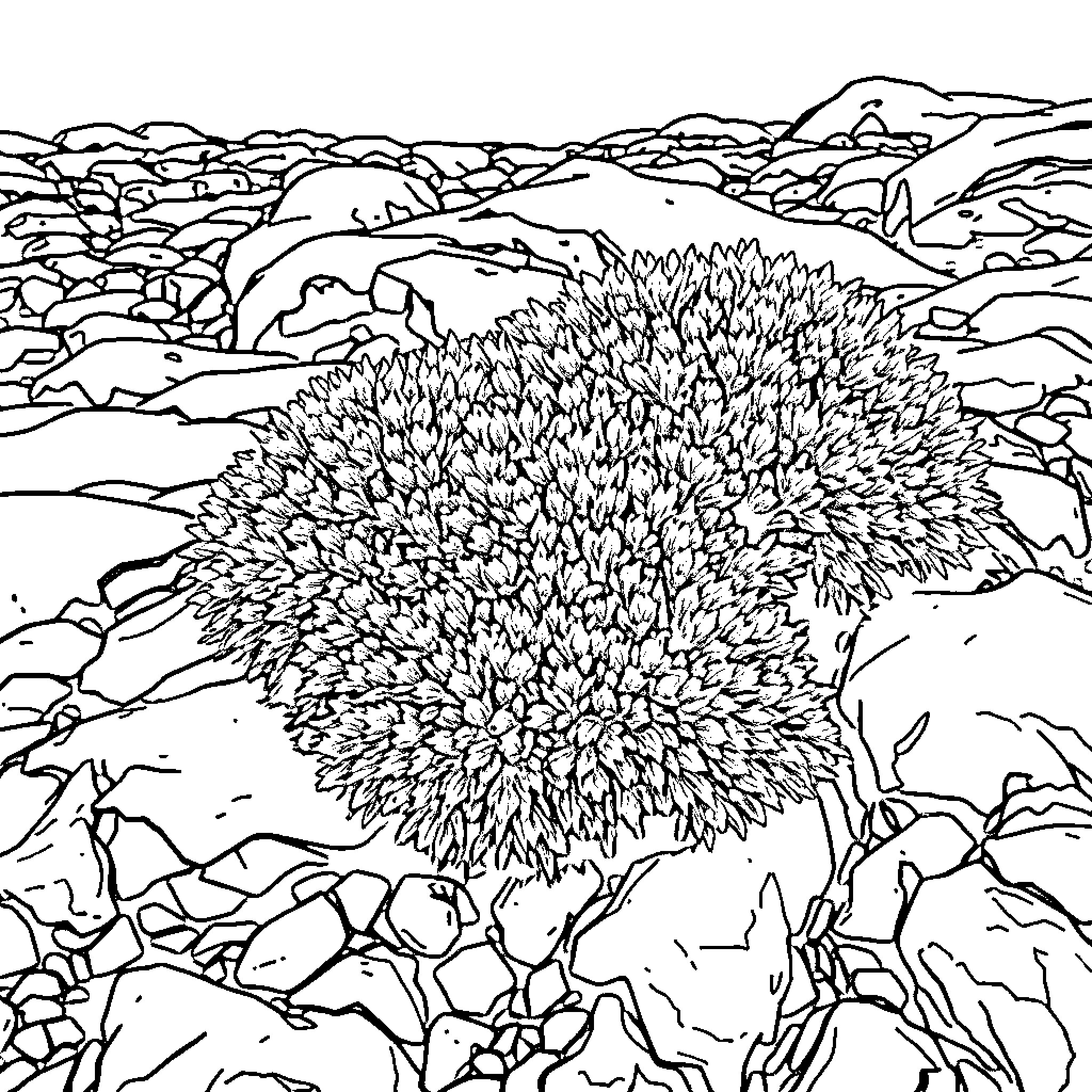 Moss-covered rocks in a natural landscape Coloring Page (free black-and-white line drawing printable PDF for all, from beginners to advanced learners, including children, teens, adults, and seniors)