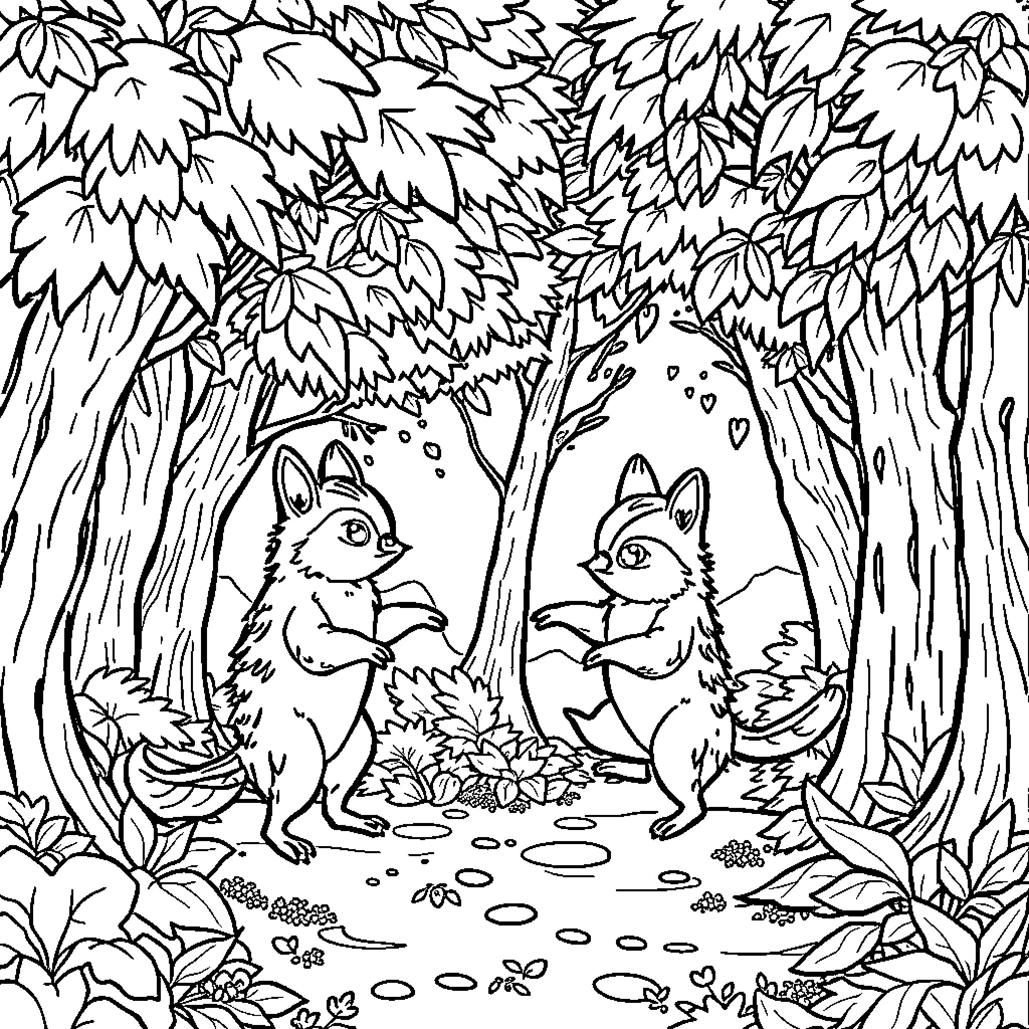 Puppy Foxes Playing in Forest Clearing Coloring Page (free black-and-white line drawing printable PDF for all, from beginners to advanced learners, including children, teens, adults, and seniors)