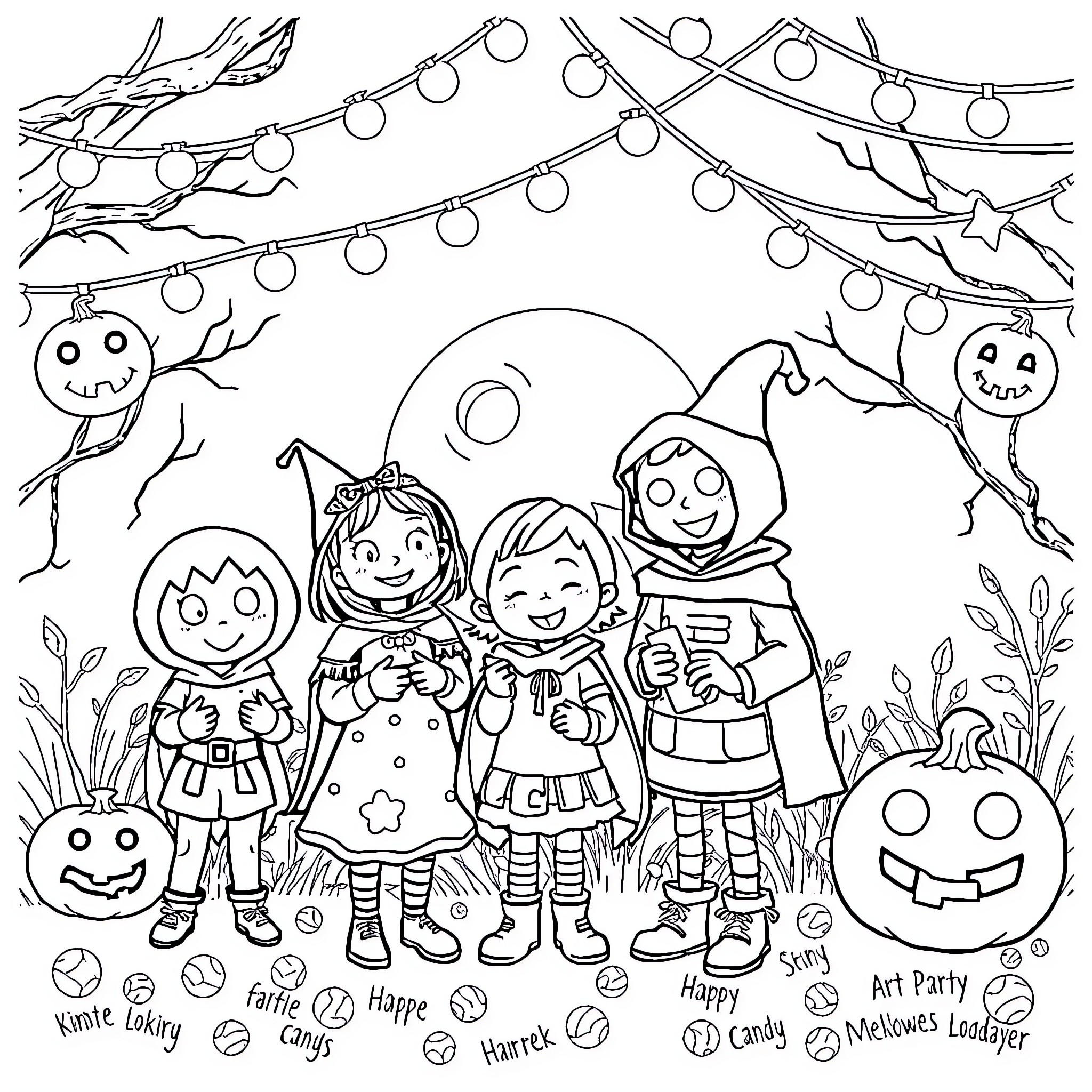 Summerween fun with costumed kids and spooky decorations Coloring Page (free black-and-white line drawing printable PDF for all, from beginners to advanced learners, including children, teens, adults, and seniors)