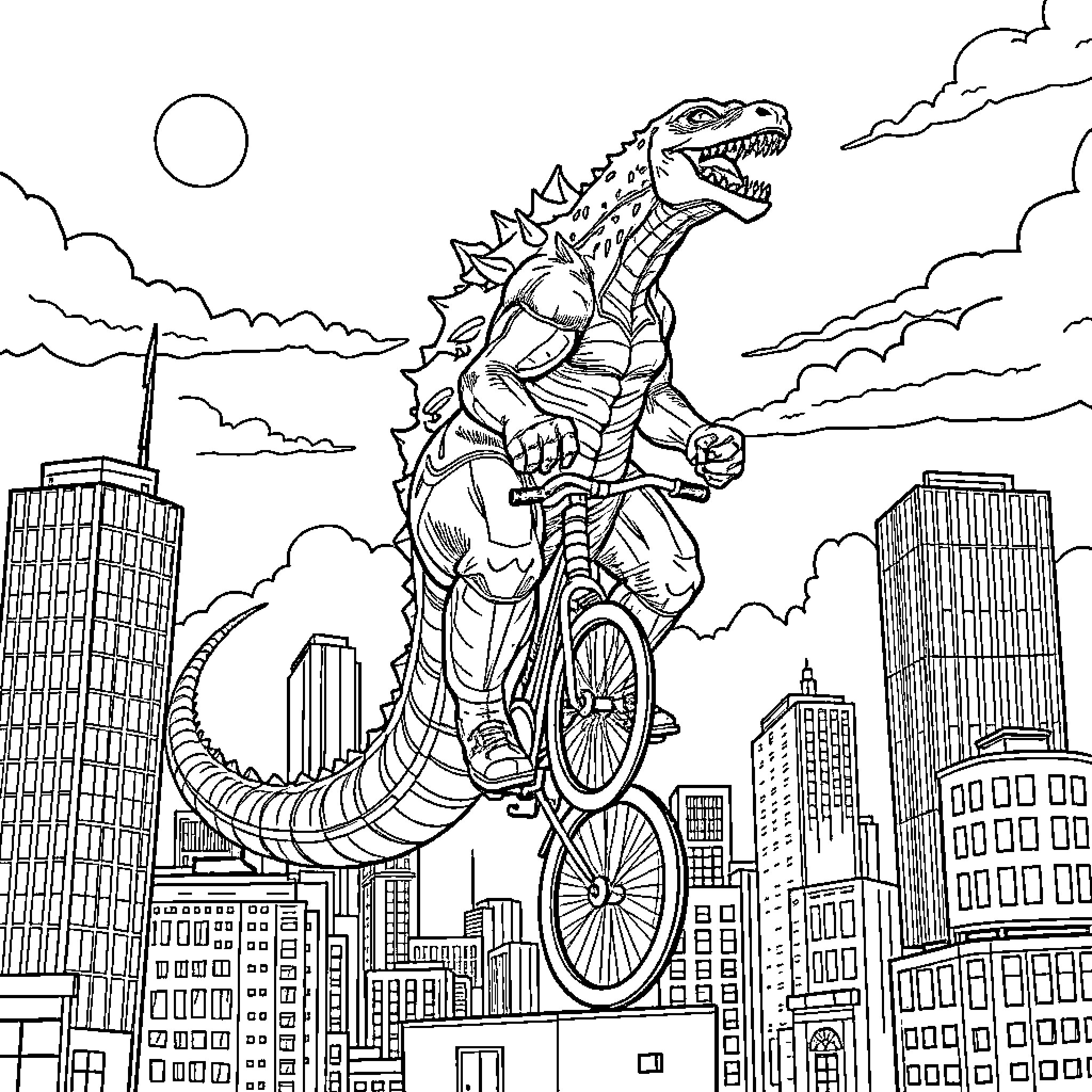 Godzilla terrorizing the city on a bicycle Coloring Page (free black-and-white line drawing printable PDF for all, from beginners to advanced learners, including children, teens, adults, and seniors)