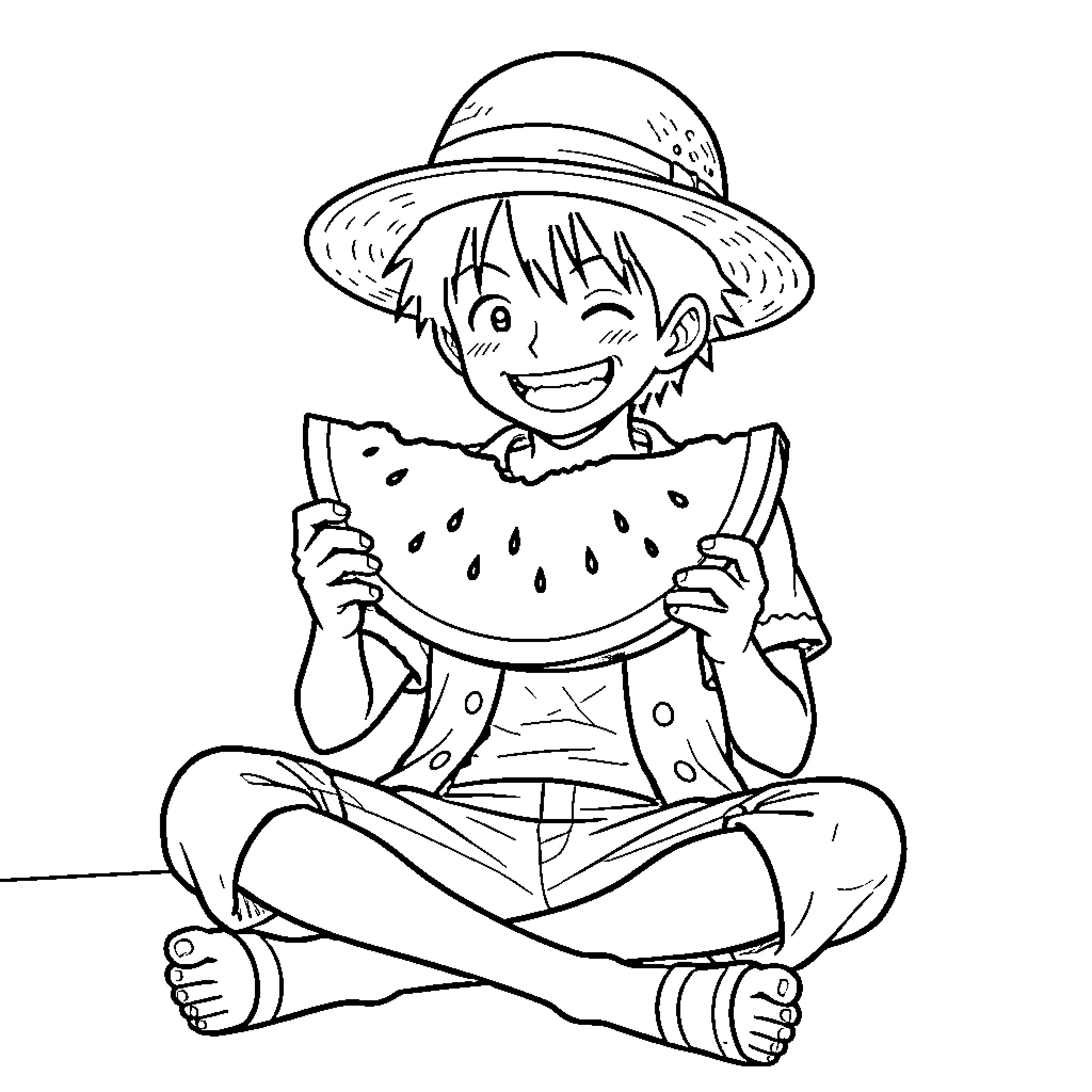 Luffy winking and eating a large watermelon slice Coloring Page (free black-and-white line drawing printable PDF for all, from beginners to advanced learners, including children, teens, adults, and seniors)