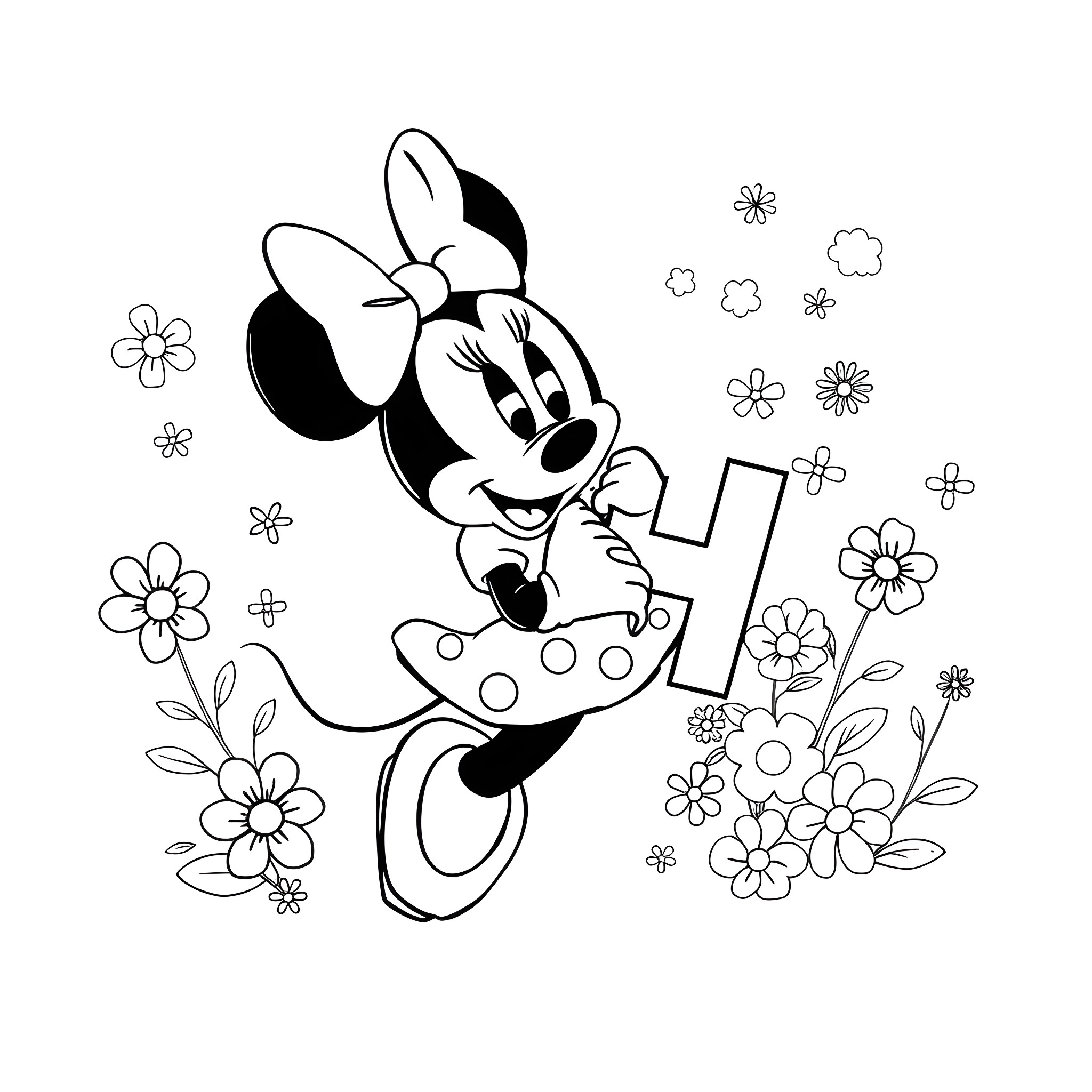 Minnie Mouse happily surrounded by flowers Coloring Page (free black-and-white line drawing printable PDF for all, from beginners to advanced learners, including children, teens, adults, and seniors)