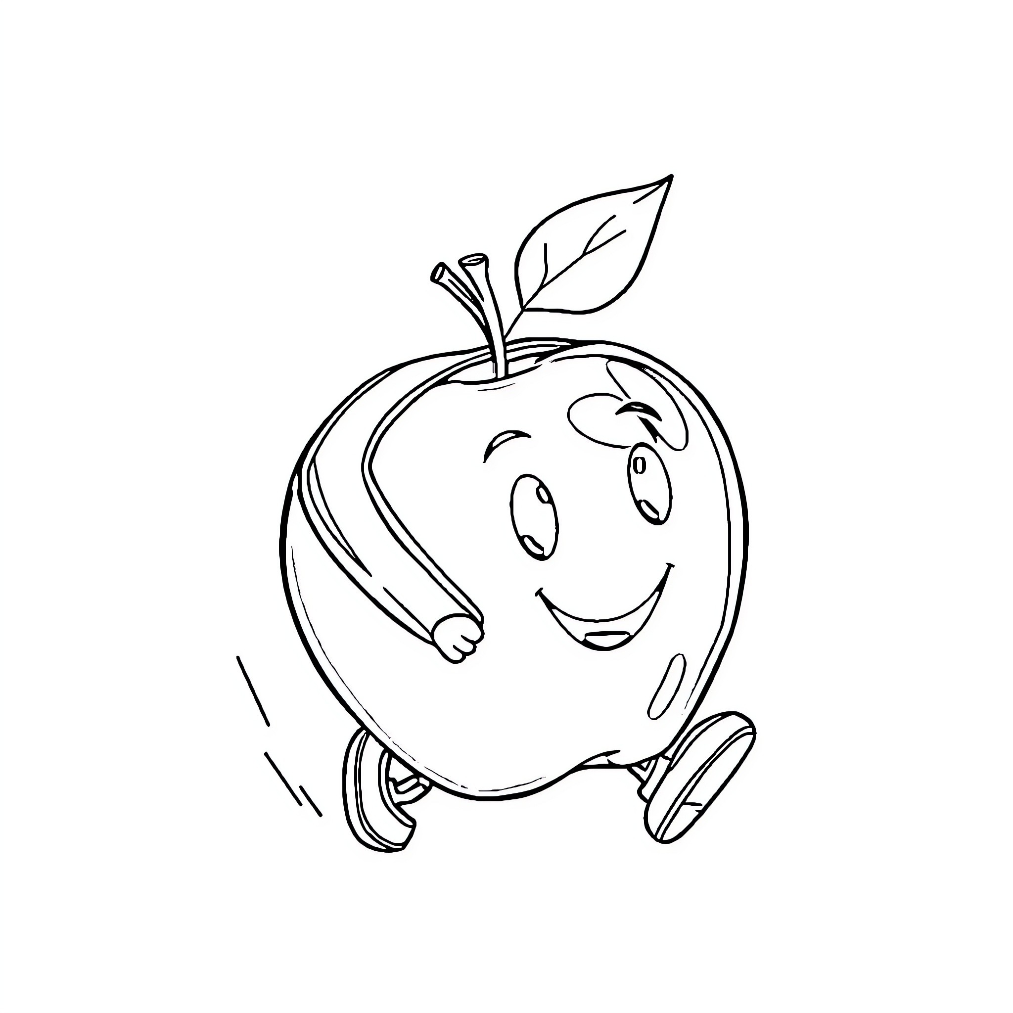 Apple running and smiling happily Coloring Page (free black-and-white line drawing printable PDF for all, from beginners to advanced learners, including children, teens, adults, and seniors)