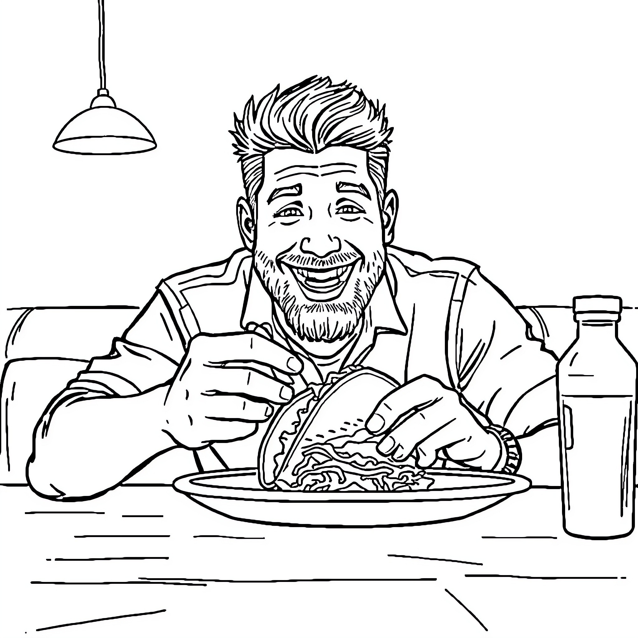 Jensen Ackles enjoying a hearty meal at the diner Coloring Page (free black-and-white line drawing printable PDF for all, from beginners to advanced learners, including children, teens, adults, and seniors)