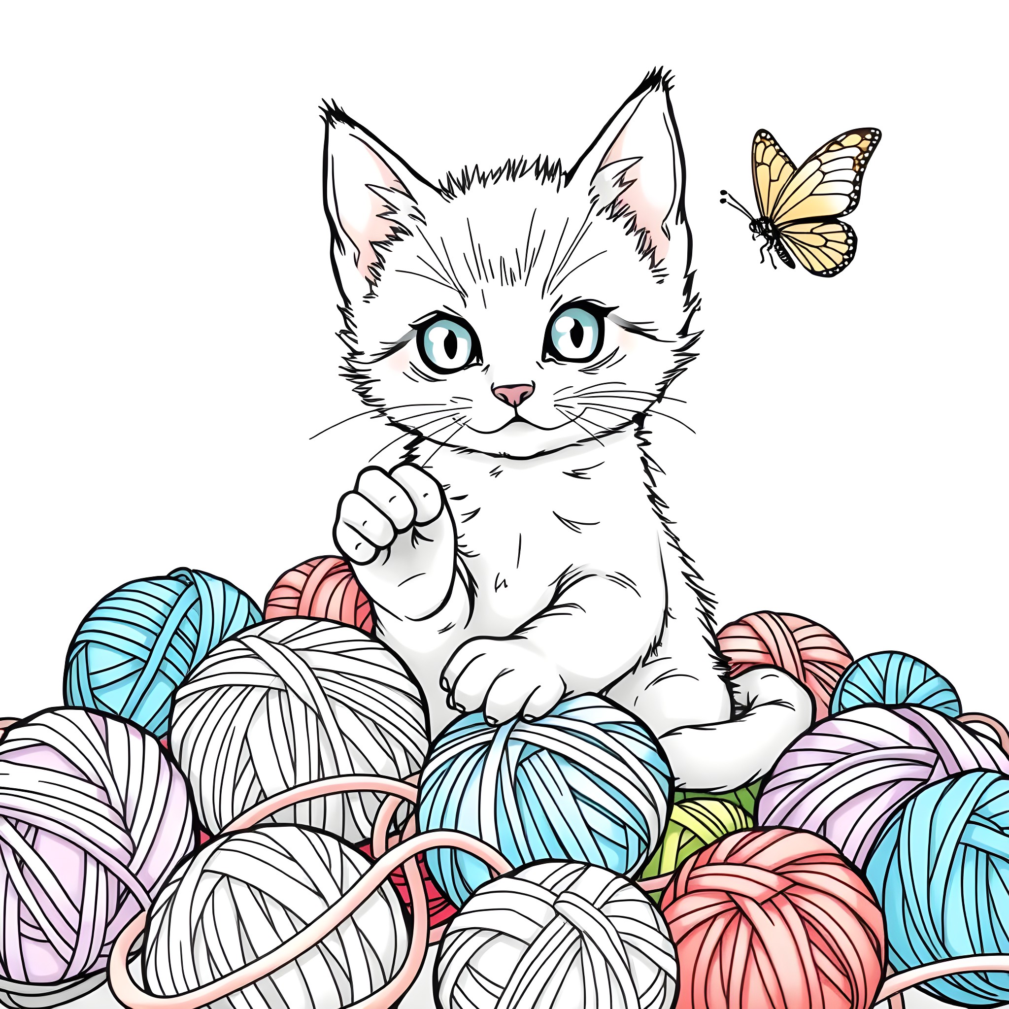 Kitty playing with colorful yarn balls and a butterfly Coloring Page (free black-and-white line drawing printable PDF for all, from beginners to advanced learners, including children, teens, adults, and seniors)