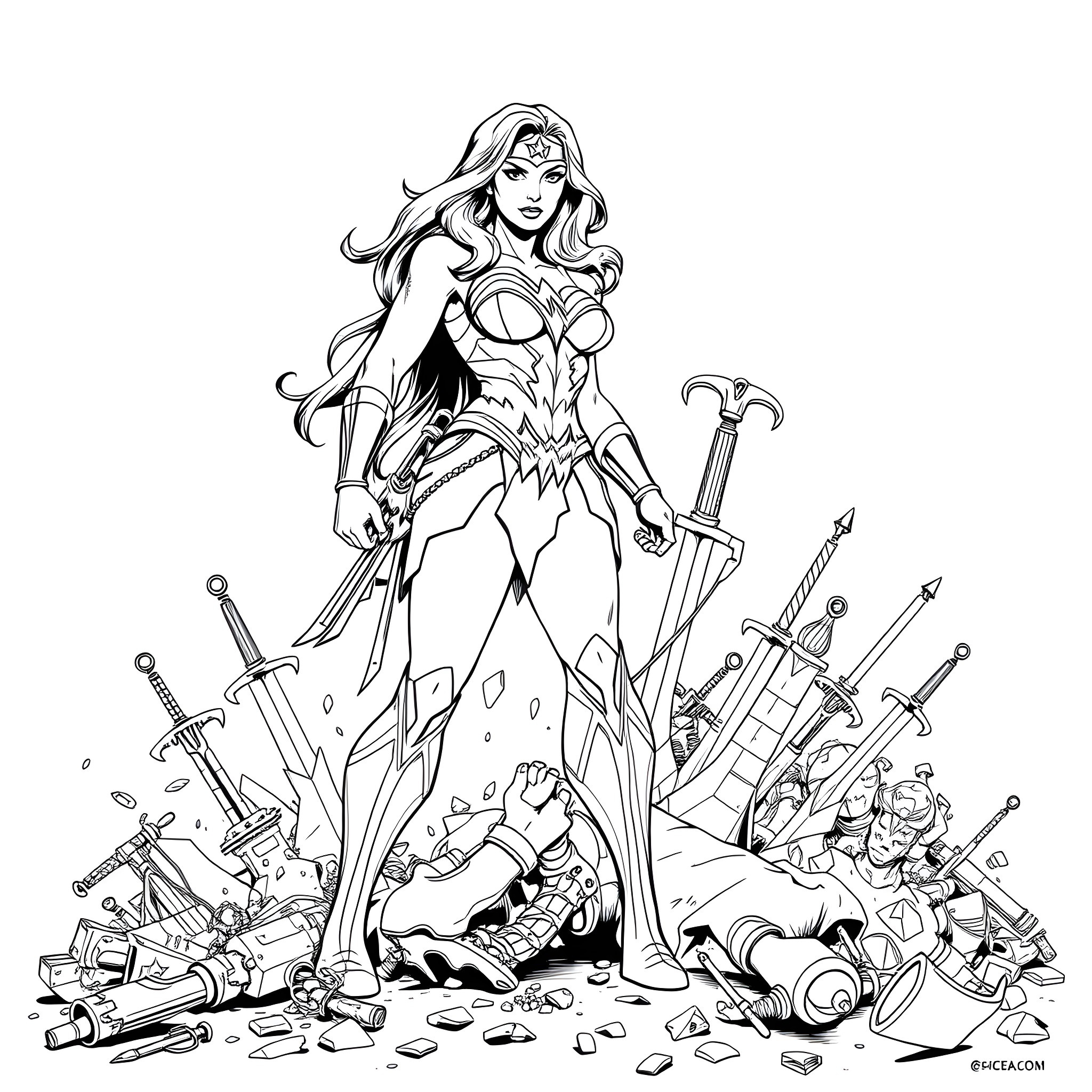 Wonder Woman Standing Triumphant Amidst Destruction Coloring Page (free black-and-white line drawing printable PDF for all, from beginners to advanced learners, including children, teens, adults, and seniors)