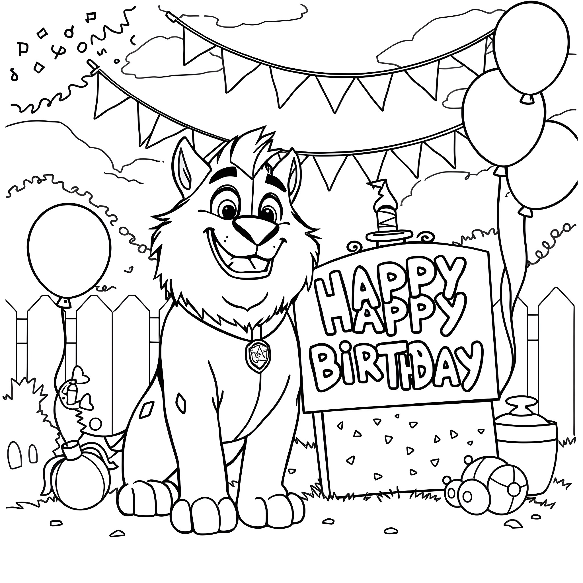 Everest celebrates birthday party with festive decorations Coloring Page (free black-and-white line drawing printable PDF for all, from beginners to advanced learners, including children, teens, adults, and seniors)
