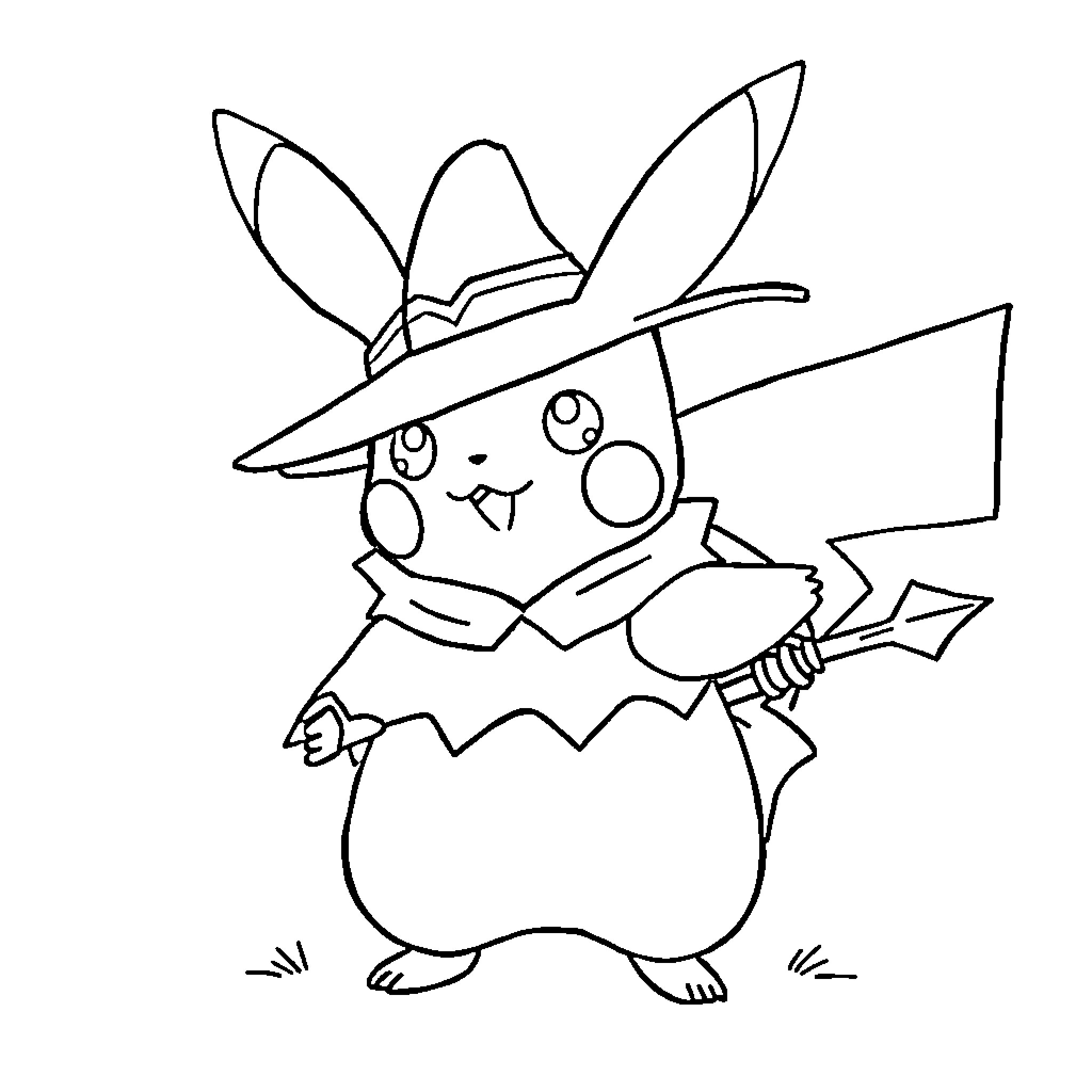 Pikachu in cowboy outfit holding lasso Coloring Page (free black-and-white line drawing printable PDF for all, from beginners to advanced learners, including children, teens, adults, and seniors)