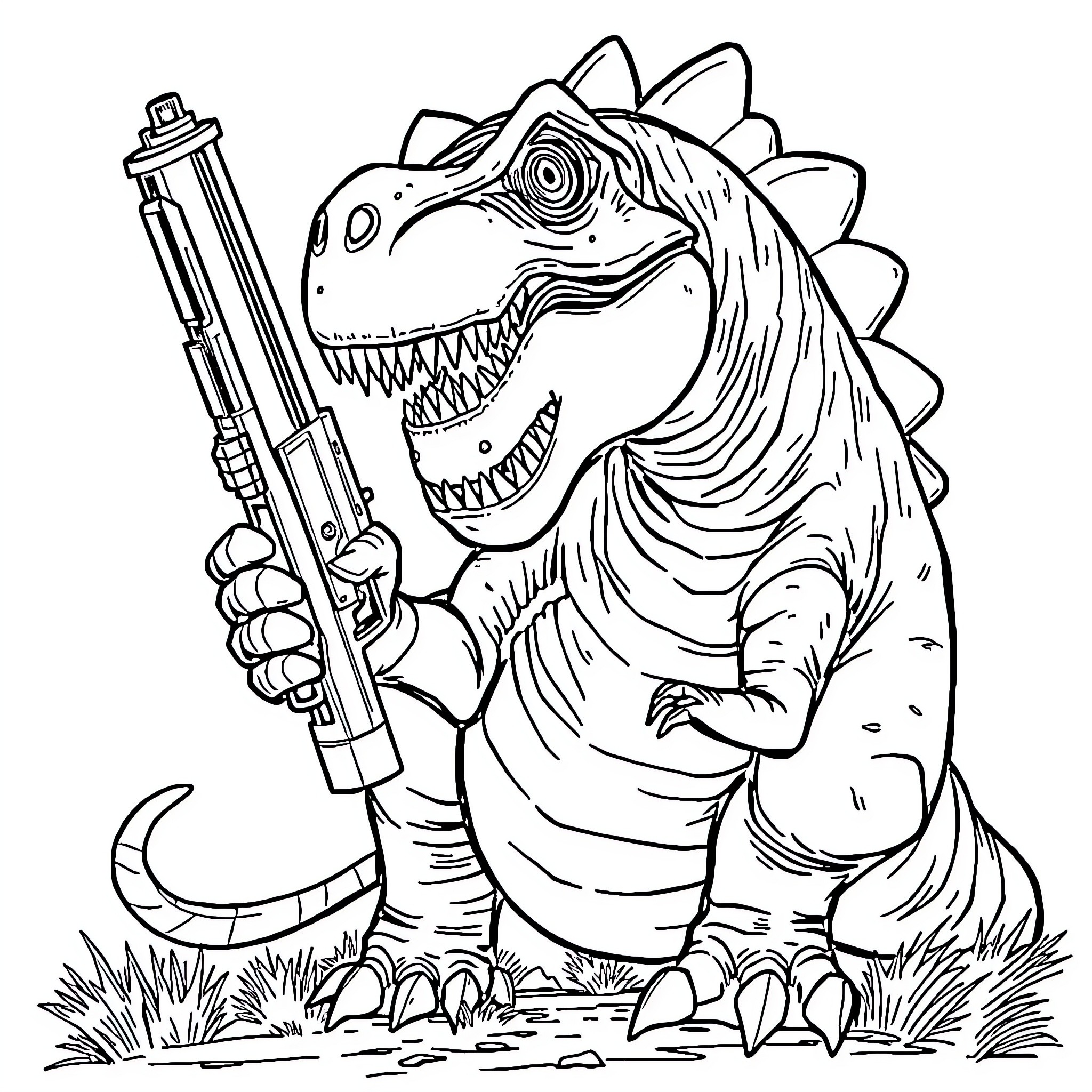 Dinosaur holding a gun in a natural setting Coloring Page (free black-and-white line drawing printable PDF for all, from beginners to advanced learners, including children, teens, adults, and seniors)