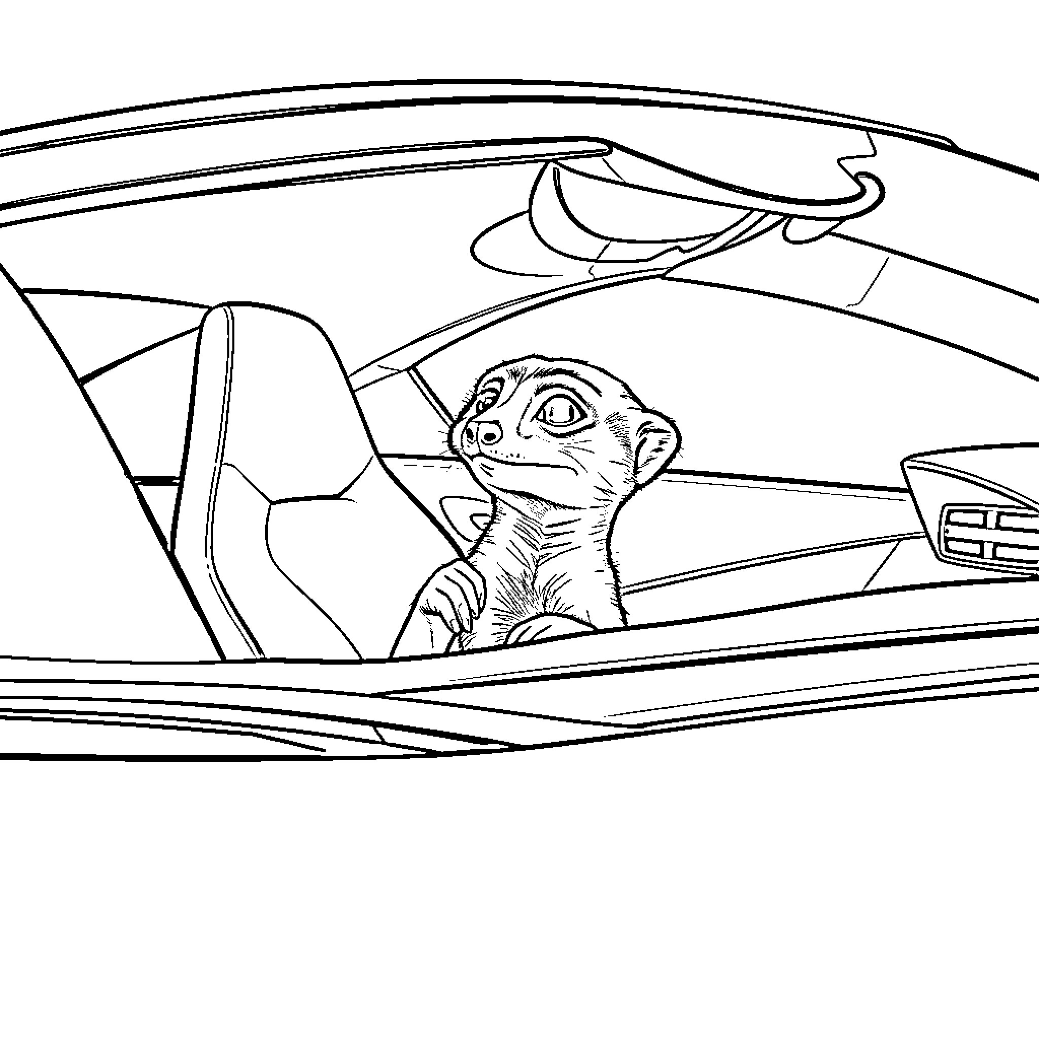 Meerkat enjoying the ride in a car Coloring Page (free black-and-white line drawing printable PDF for all, from beginners to advanced learners, including children, teens, adults, and seniors)