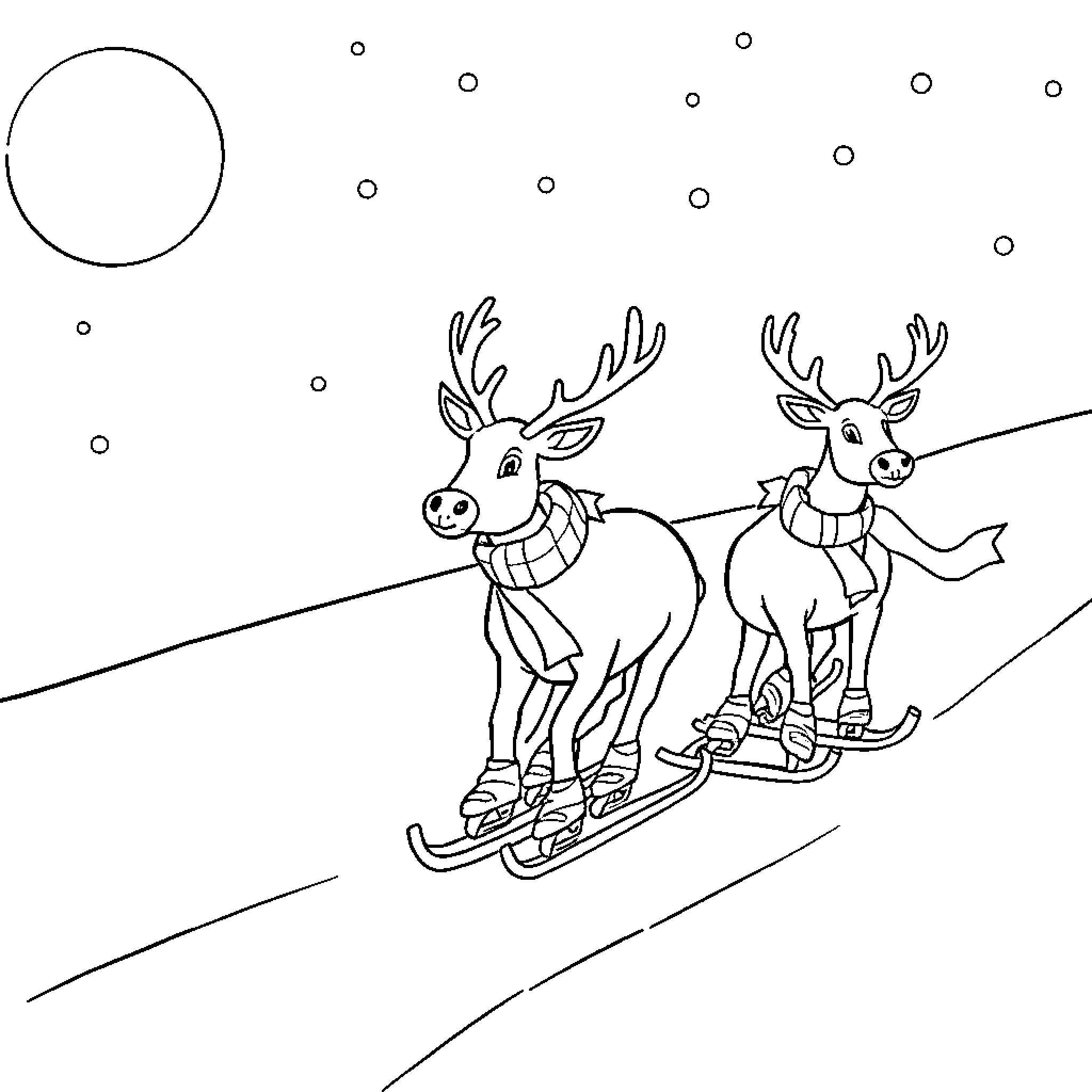 Reindeer racing on snowy slopes Coloring Page (free black-and-white line drawing printable PDF for all, from beginners to advanced learners, including children, teens, adults, and seniors)