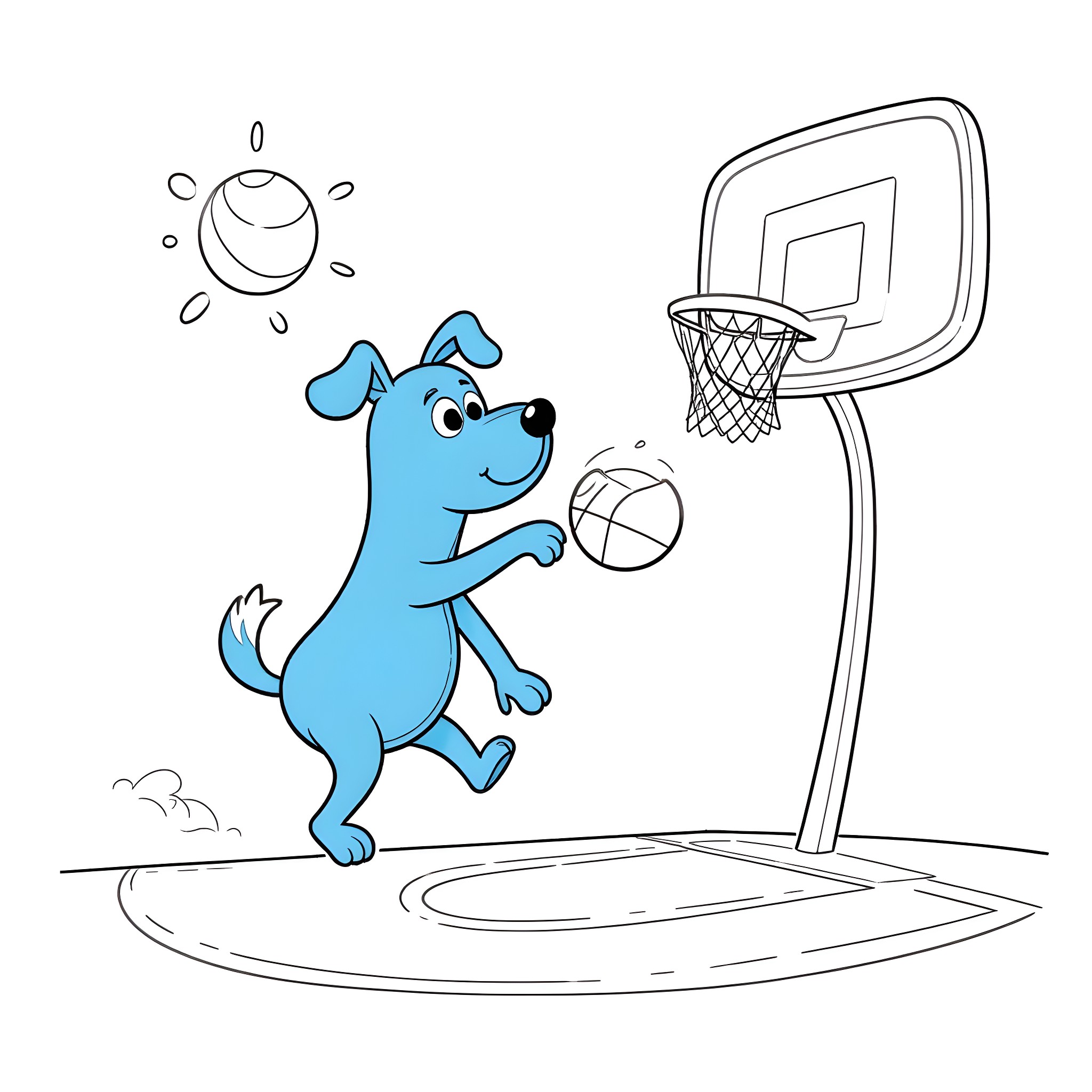 Bluey playing basketball on a sunny day Coloring Page (free black-and-white line drawing printable PDF for all, from beginners to advanced learners, including children, teens, adults, and seniors)