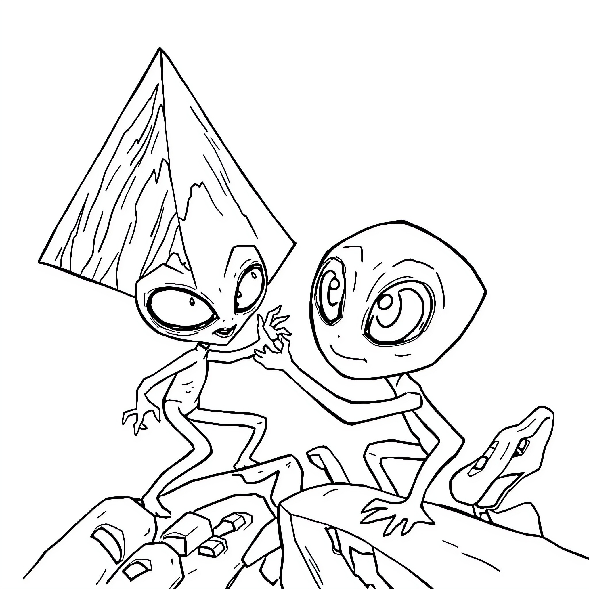 Alien creatures exploring rocky terrain Coloring Page (free black-and-white line drawing printable PDF for all, from beginners to advanced learners, including children, teens, adults, and seniors)