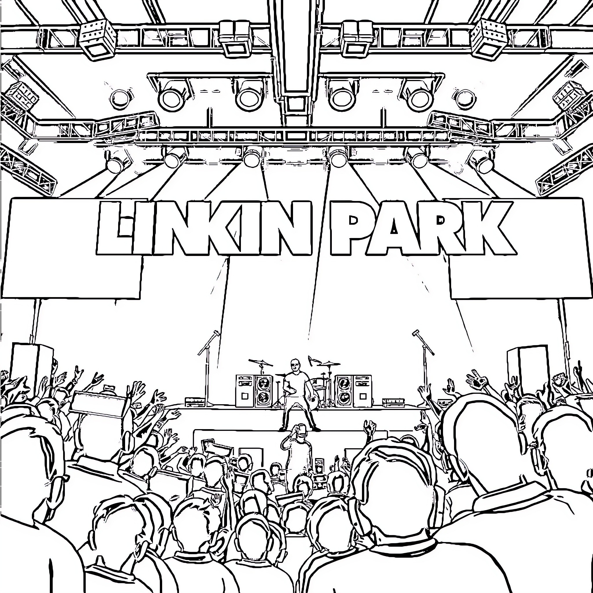 Linkin Park performing energetic concert on stage Coloring Page (free black-and-white line drawing printable PDF for all, from beginners to advanced learners, including children, teens, adults, and seniors)