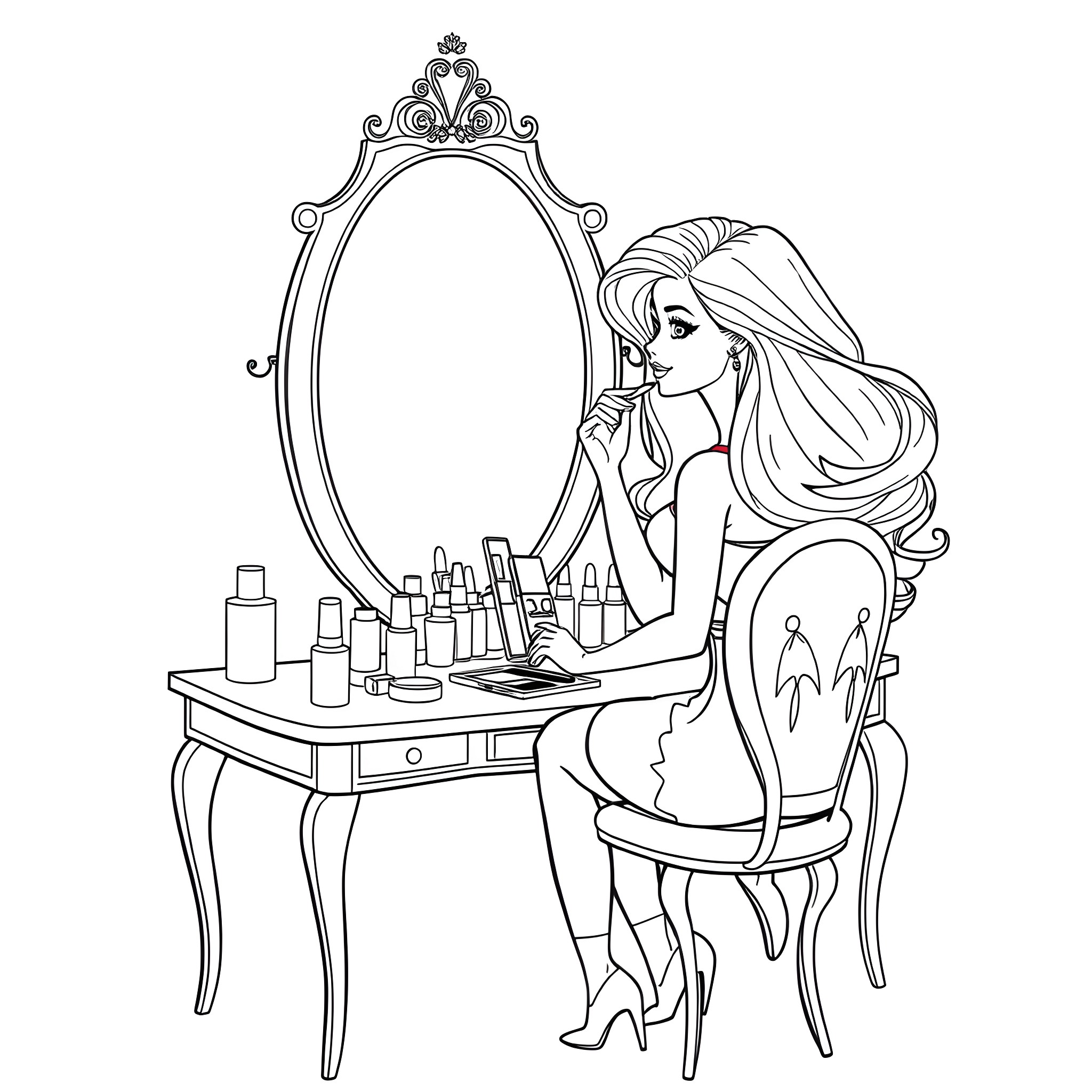 Barbie Getting Ready at Her Vanity Coloring Page (free black-and-white line drawing printable PDF for all, from beginners to advanced learners, including children, teens, adults, and seniors)
