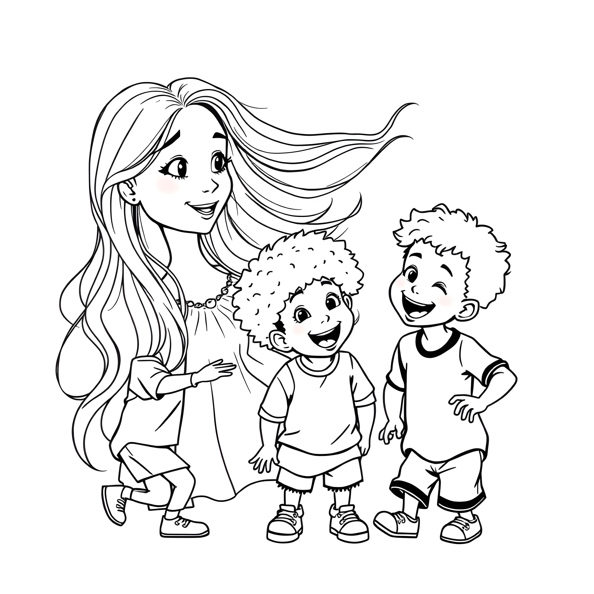 Girl with Two Children in Casual Attire Coloring Page (free black-and-white line drawing printable PDF for all, from beginners to advanced learners, including children, teens, adults, and seniors)