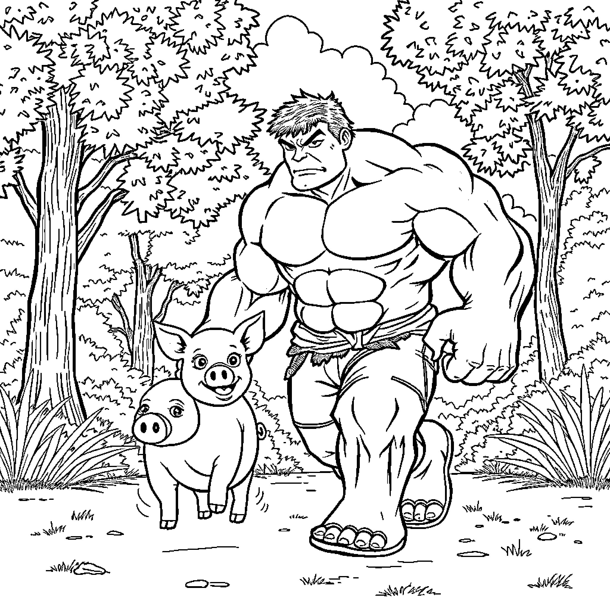 Hulk protects forest creatures from harm Coloring Page (free black-and-white line drawing printable PDF for all, from beginners to advanced learners, including children, teens, adults, and seniors)