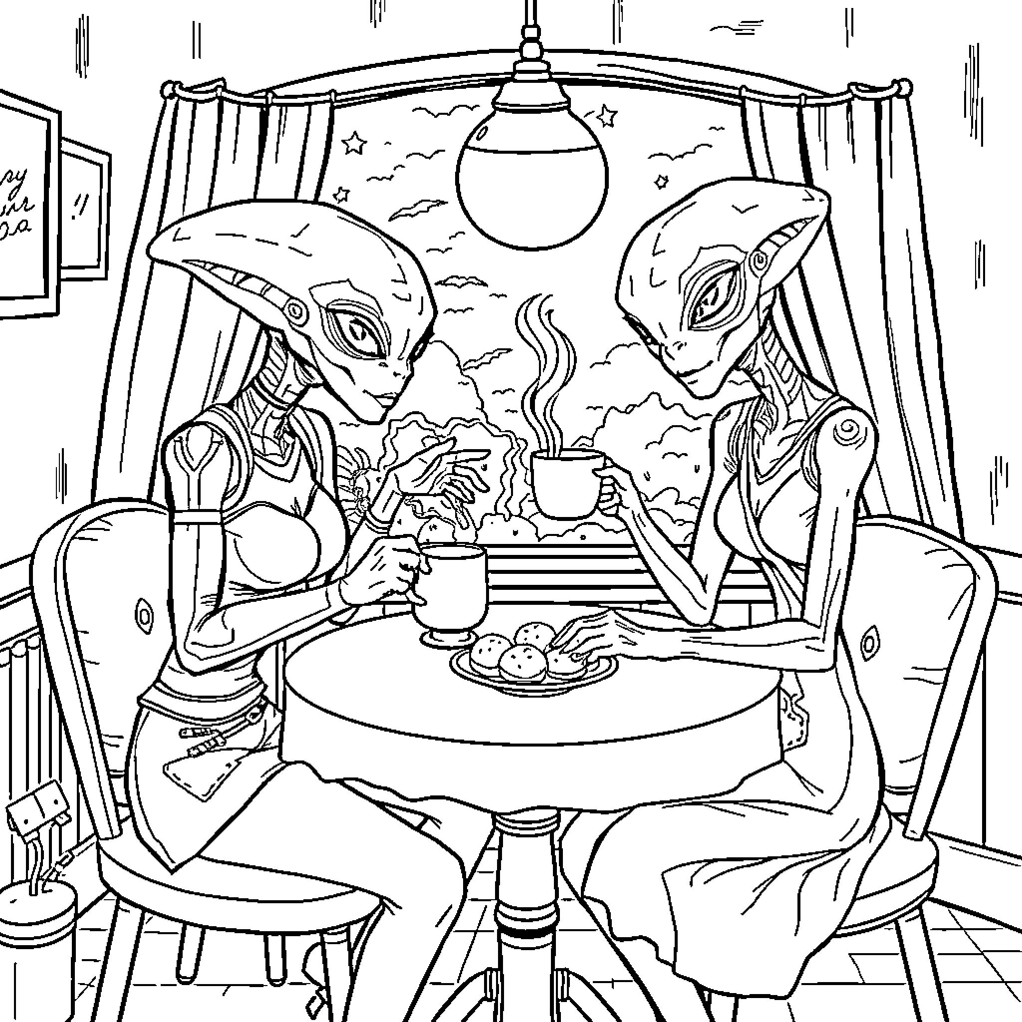 Ripley's Otherworldly Encounter at the Cozy Café Coloring Page (free black-and-white line drawing printable PDF for all, from beginners to advanced learners, including children, teens, adults, and seniors)