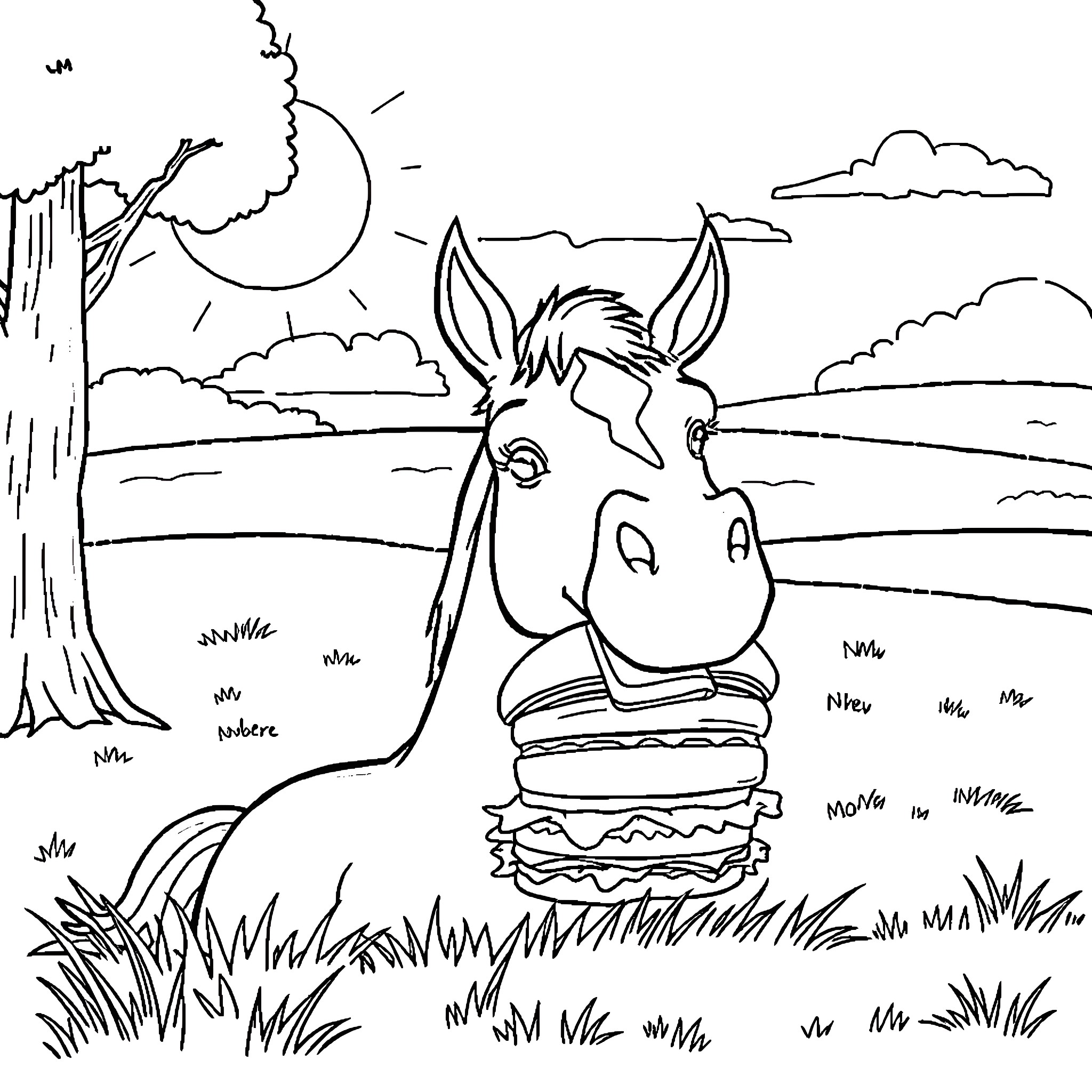 Horse enjoying a peaceful countryside scene Coloring Page (free black-and-white line drawing printable PDF for all, from beginners to advanced learners, including children, teens, adults, and seniors)