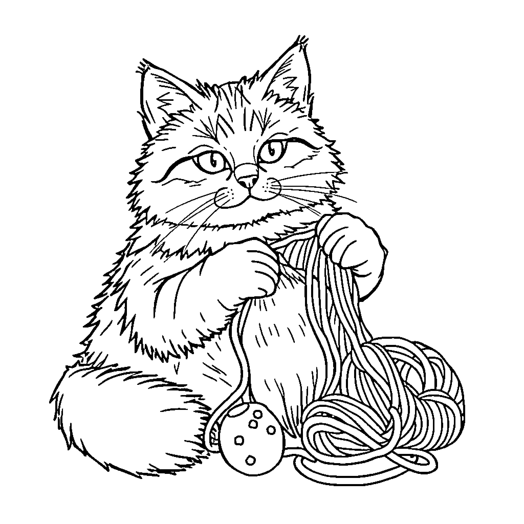 Cat playing with yarn Coloring Page (free black-and-white line drawing printable PDF for all, from beginners to advanced learners, including children, teens, adults, and seniors)