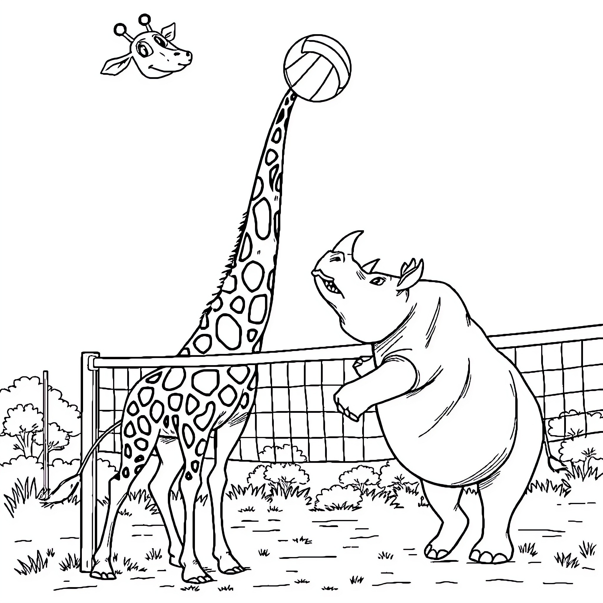 Giraffe and Hippo Playing Volleyball Coloring Page (free black-and-white line drawing printable PDF for all, from beginners to advanced learners, including children, teens, adults, and seniors)