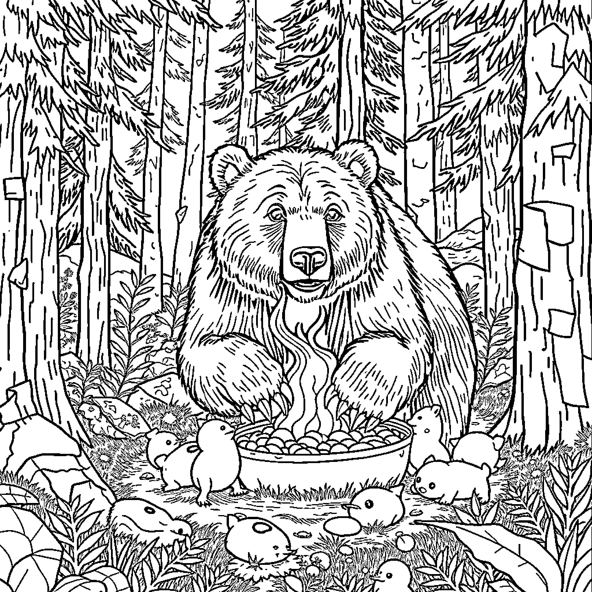 Grizzly Bear Foraging in the Wilderness Coloring Page (free black-and-white line drawing printable PDF for all, from beginners to advanced learners, including children, teens, adults, and seniors)