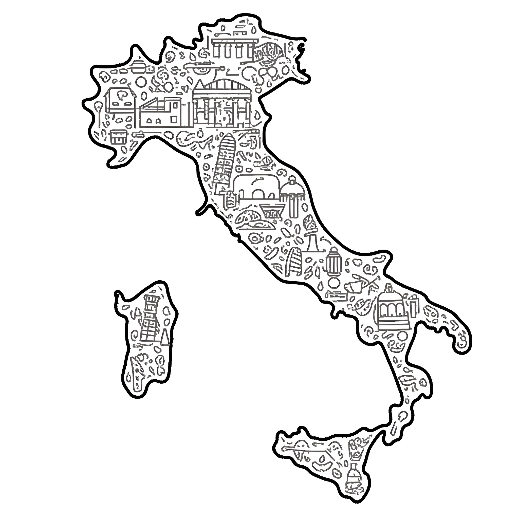 Italy's Iconic Landmarks and Culture Coloring Page (free black-and-white line drawing printable PDF for all, from beginners to advanced learners, including children, teens, adults, and seniors)