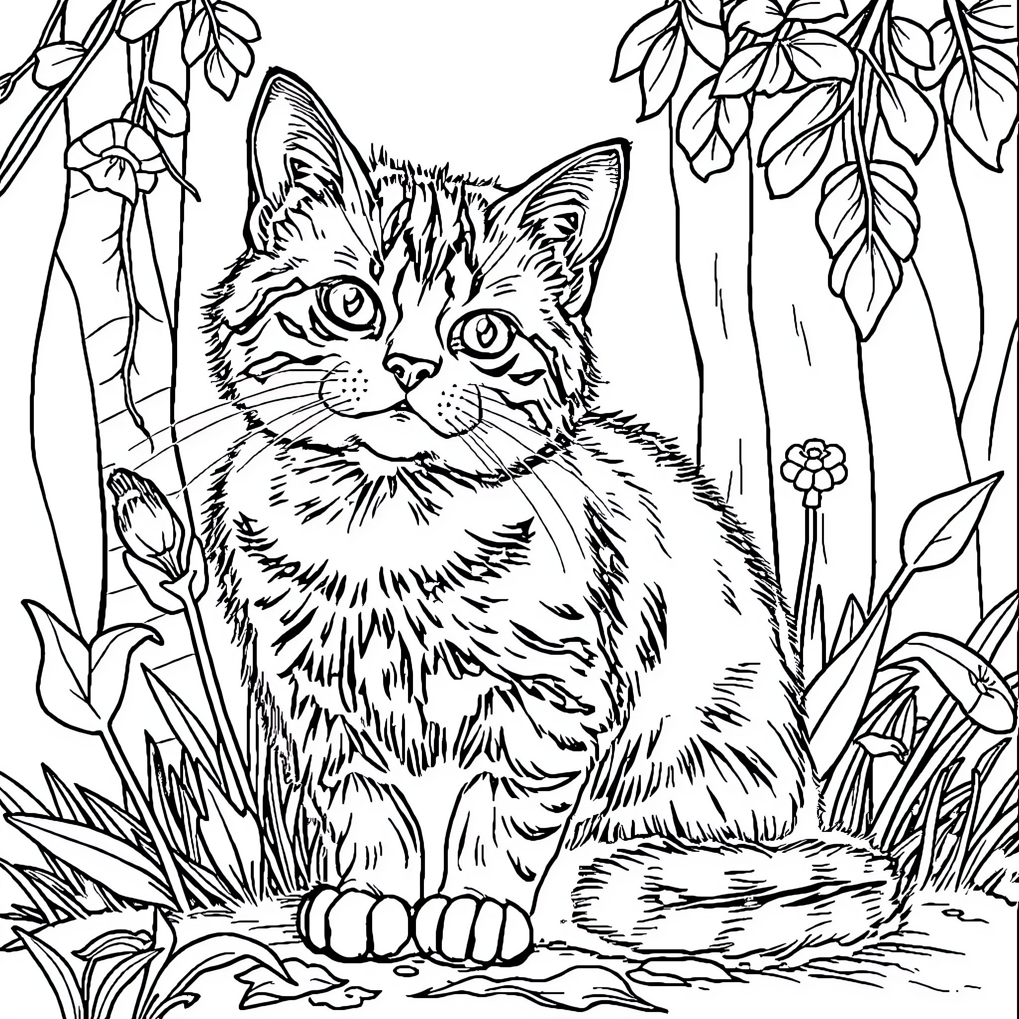 Cat sitting calmly in a floral garden Coloring Page (free black-and-white line drawing printable PDF for all, from beginners to advanced learners, including children, teens, adults, and seniors)