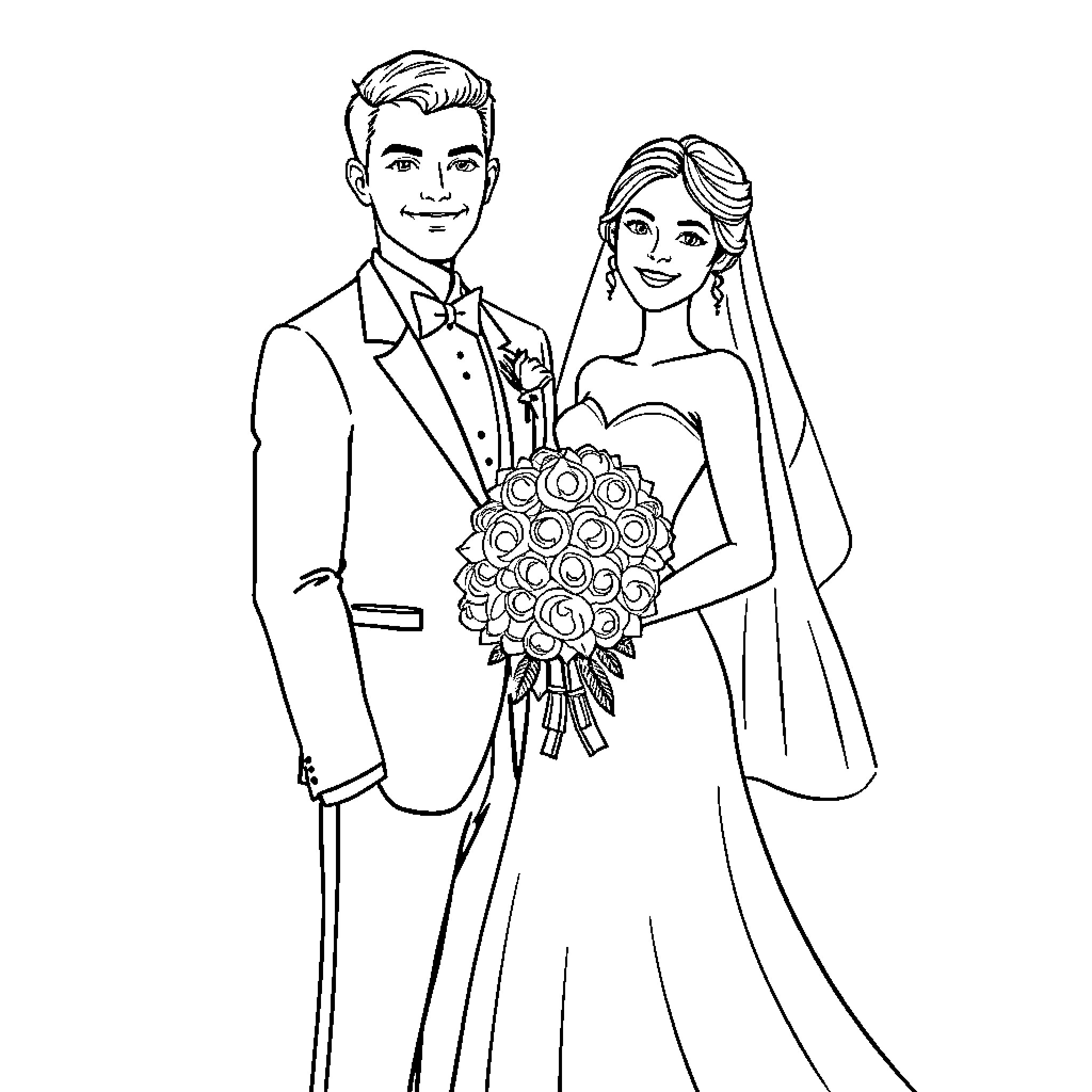 Bride and Groom on Their Wedding Day Coloring Page (free black-and-white line drawing printable PDF for all, from beginners to advanced learners, including children, teens, adults, and seniors)