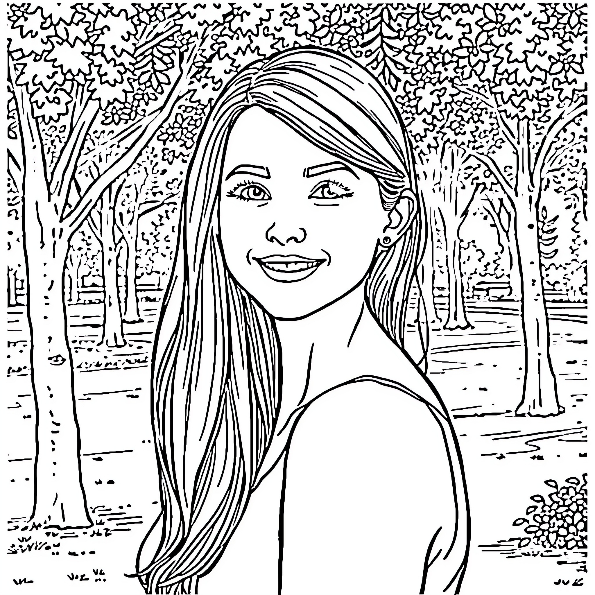 Ivana's Enchanting Woodland Adventure Coloring Page (free black-and-white line drawing printable PDF for all, from beginners to advanced learners, including children, teens, adults, and seniors)