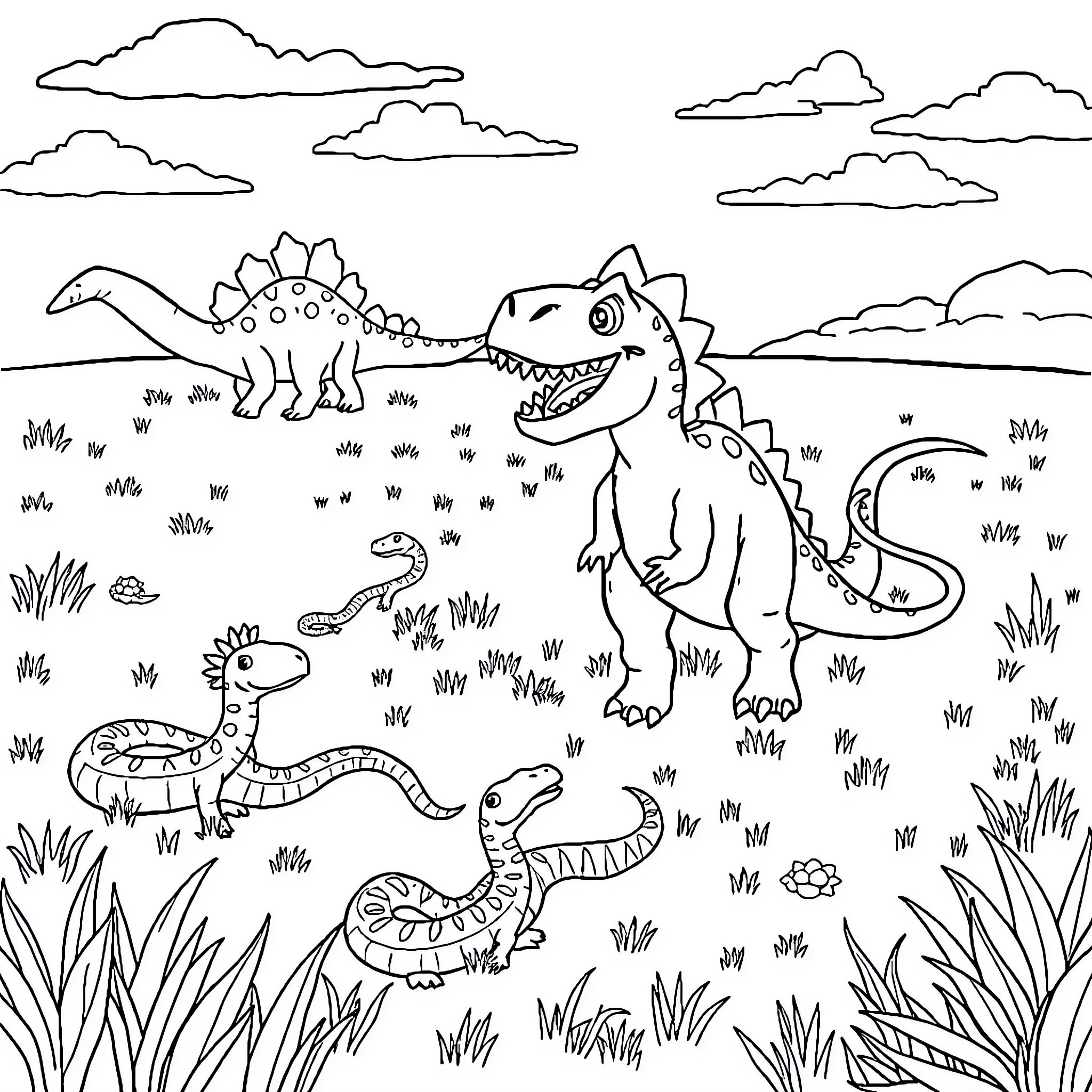 Dinosaurs roaming in a lush prehistoric landscape Coloring Page (free black-and-white line drawing printable PDF for all, from beginners to advanced learners, including children, teens, adults, and seniors)