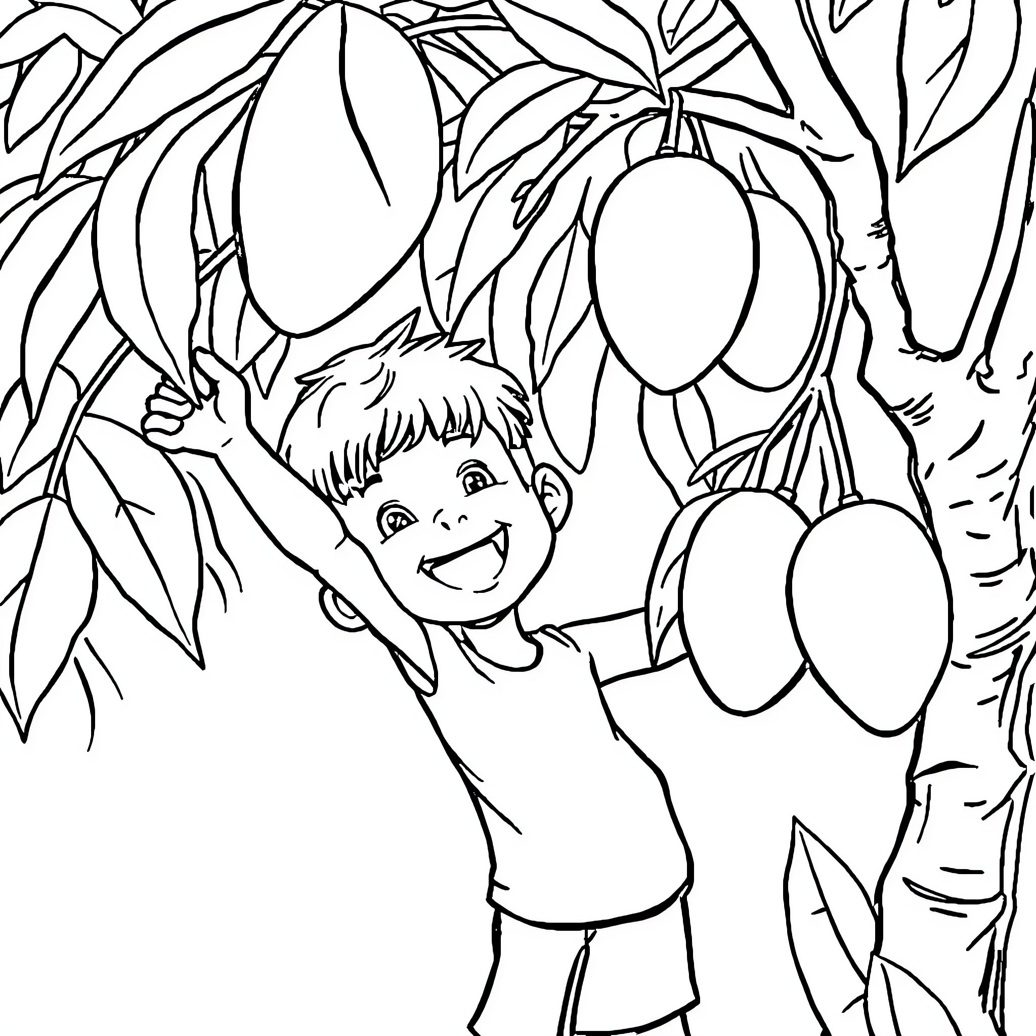 Boy happily picking mangoes from the tree Coloring Page (free black-and-white line drawing printable PDF for all, from beginners to advanced learners, including children, teens, adults, and seniors)
