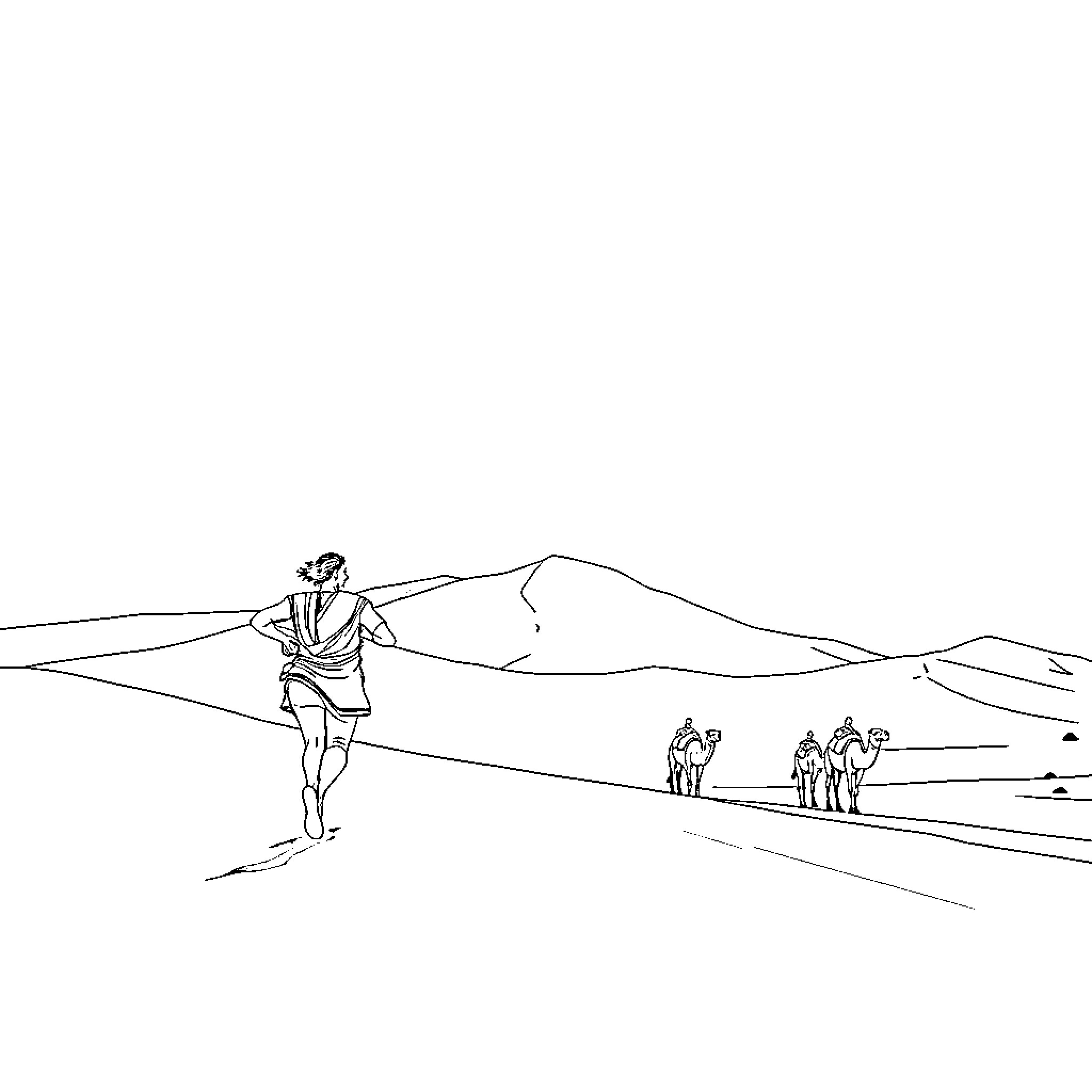 Camel caravan traversing the desert landscape Coloring Page (free black-and-white line drawing printable PDF for all, from beginners to advanced learners, including children, teens, adults, and seniors)