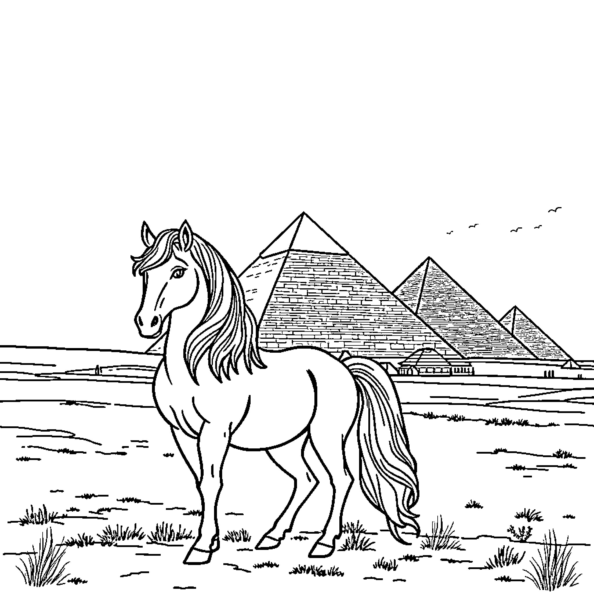 Unicorn Wandering Amidst Pyramids Coloring Page (free black-and-white line drawing printable PDF for all, from beginners to advanced learners, including children, teens, adults, and seniors)