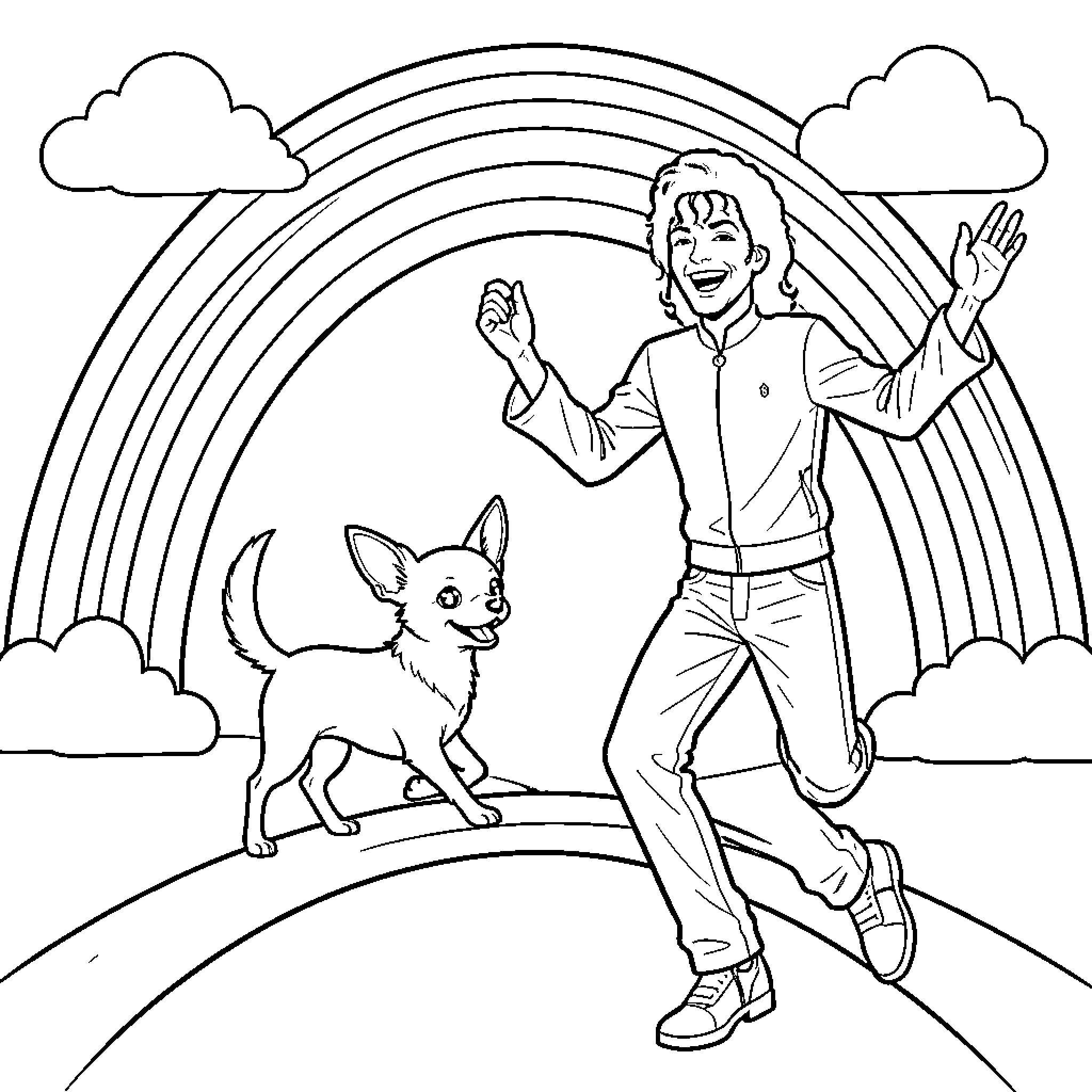 Chihuahua dancing joyfully with a happy person under a rainbow Coloring Page (free black-and-white line drawing printable PDF for all, from beginners to advanced learners, including children, teens, adults, and seniors)