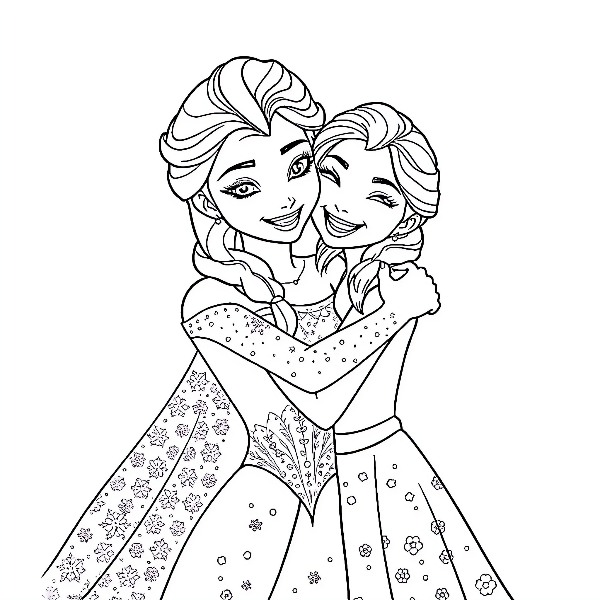 Elsa Embracing Her Sister in Festive Attire Coloring Page (free black-and-white line drawing printable PDF for all, from beginners to advanced learners, including children, teens, adults, and seniors)