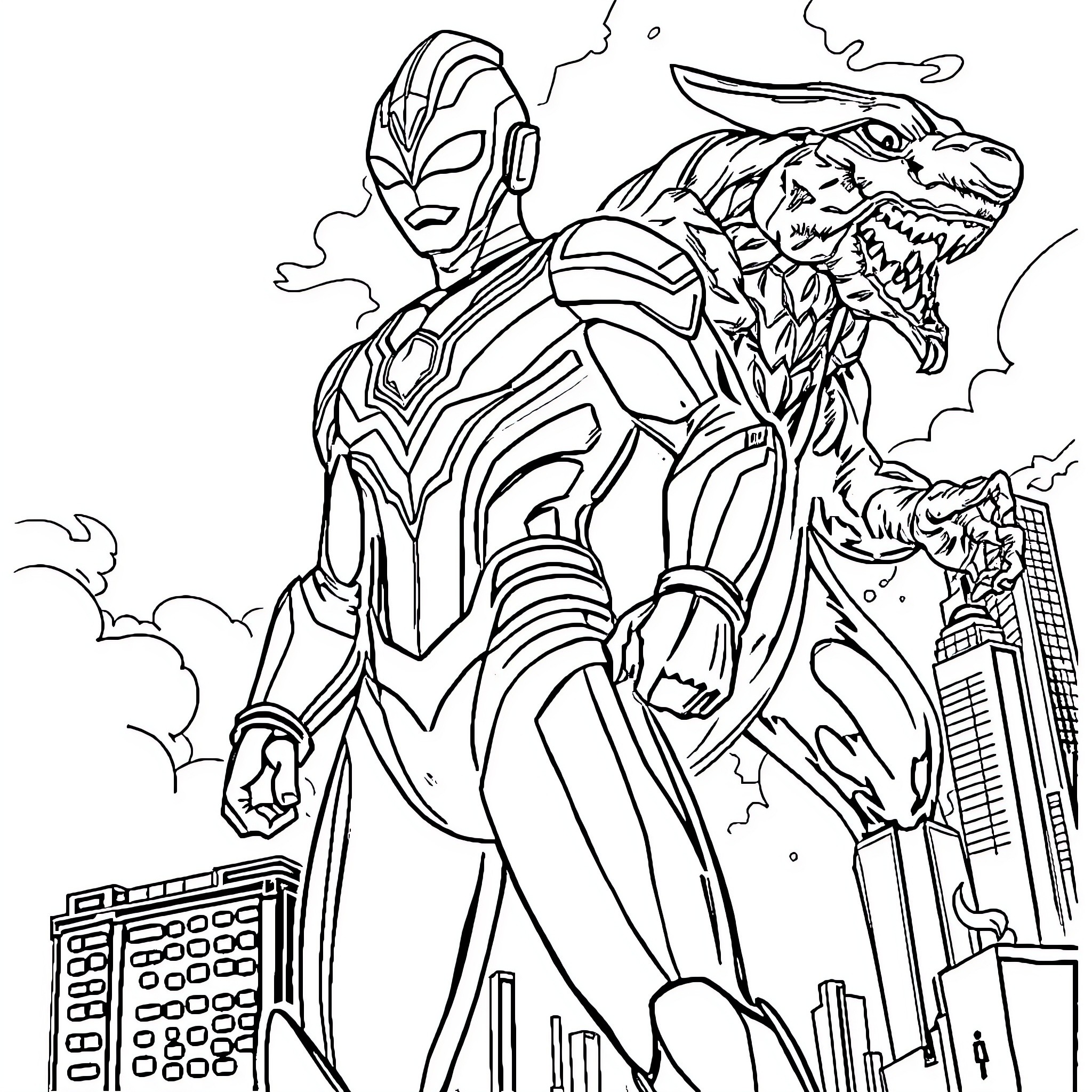Ultraman facing a fierce giant monster in the city Coloring Page (free black-and-white line drawing printable PDF for all, from beginners to advanced learners, including children, teens, adults, and seniors)