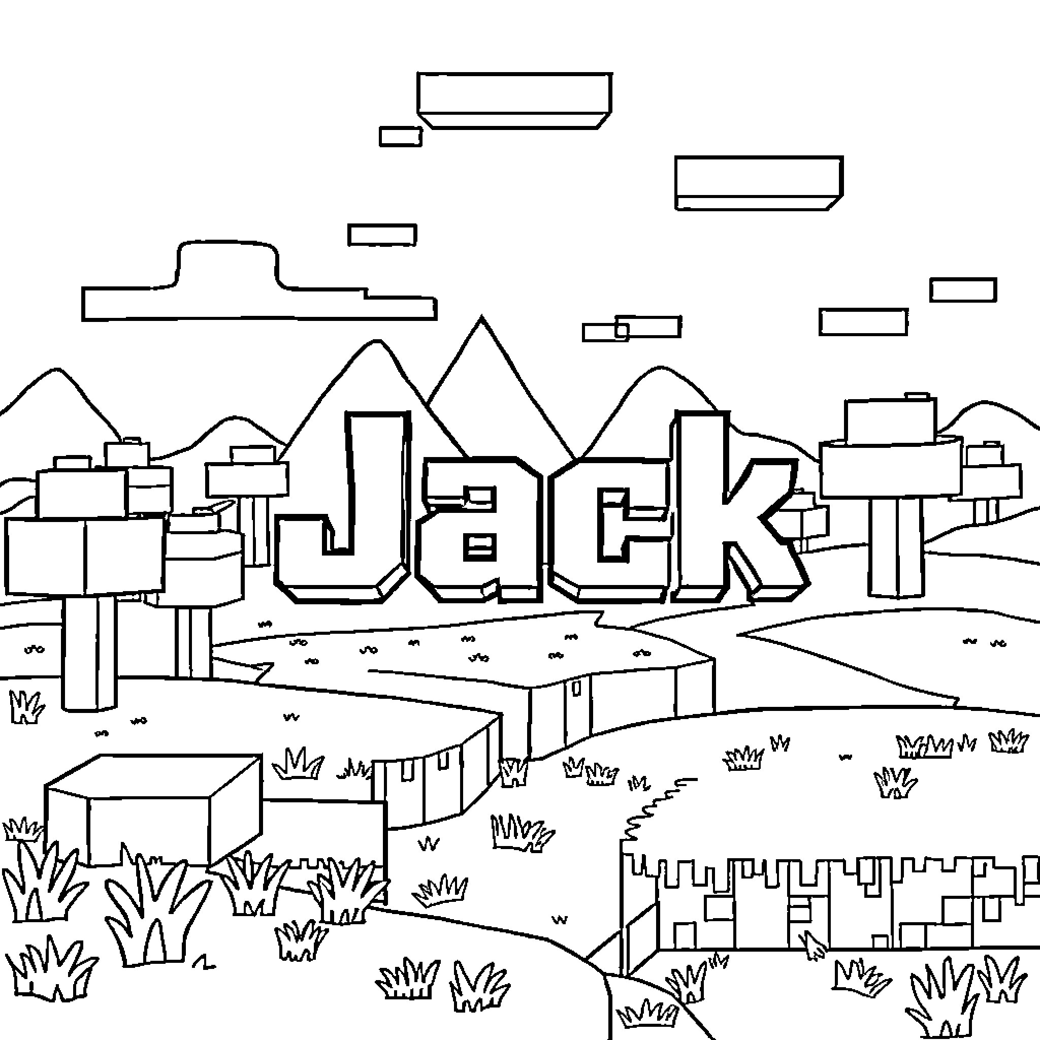 Minecraft landscape with text and blocky structures Coloring Page (free black-and-white line drawing printable PDF for all, from beginners to advanced learners, including children, teens, adults, and seniors)