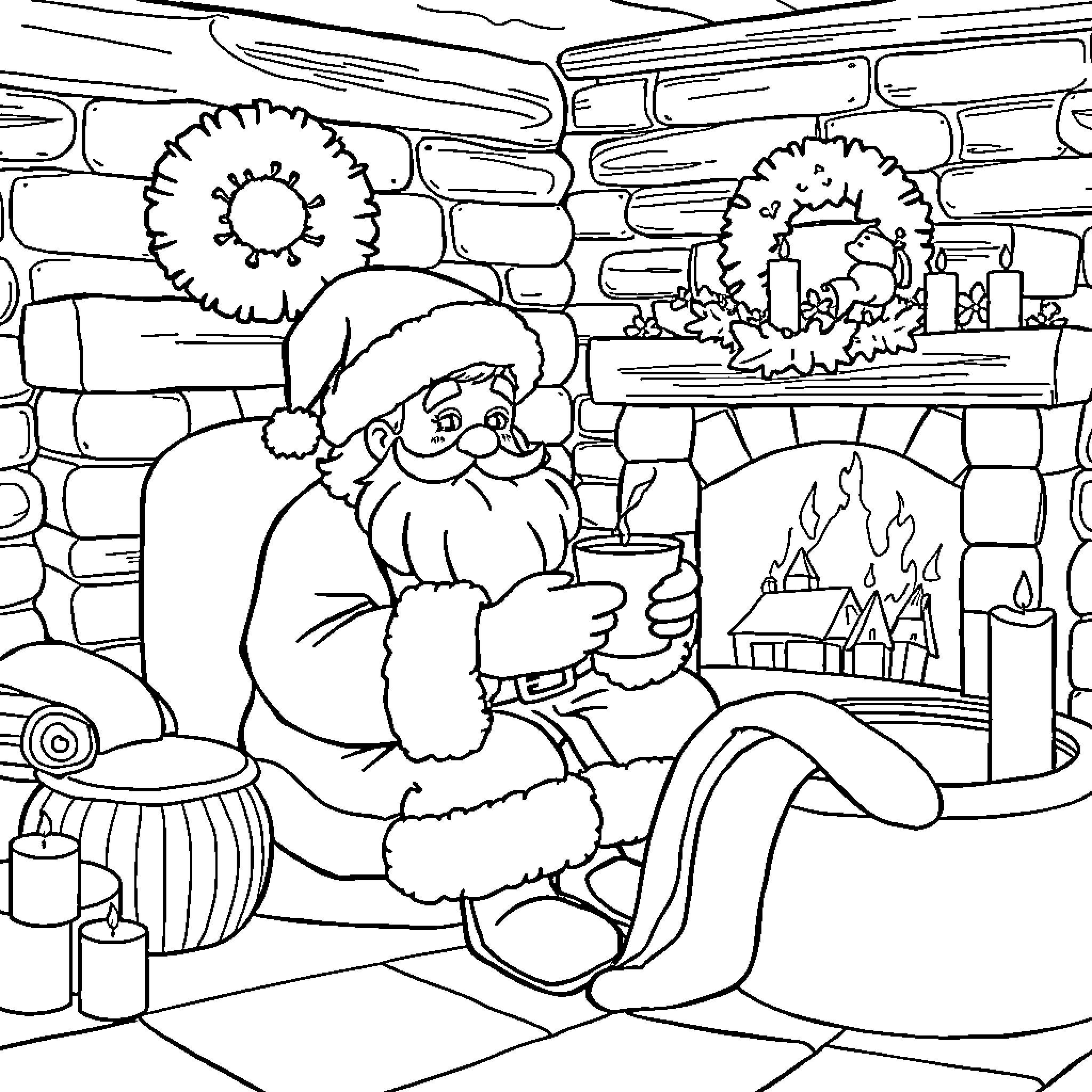 Santa Relaxing by the Cozy Fireplace Coloring Page (free black-and-white line drawing printable PDF for all, from beginners to advanced learners, including children, teens, adults, and seniors)