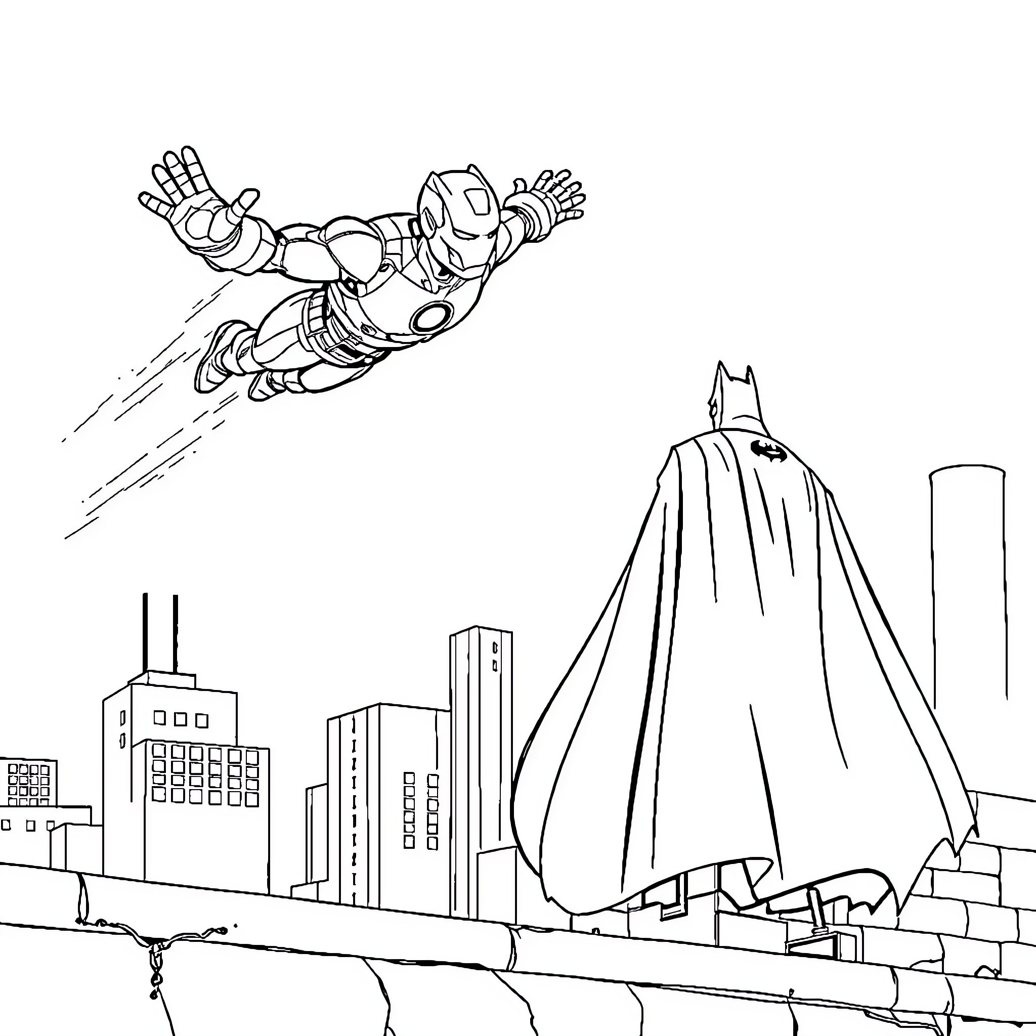 Ironman flying heroically over the city skyline Coloring Page (free black-and-white line drawing printable PDF for all, from beginners to advanced learners, including children, teens, adults, and seniors)