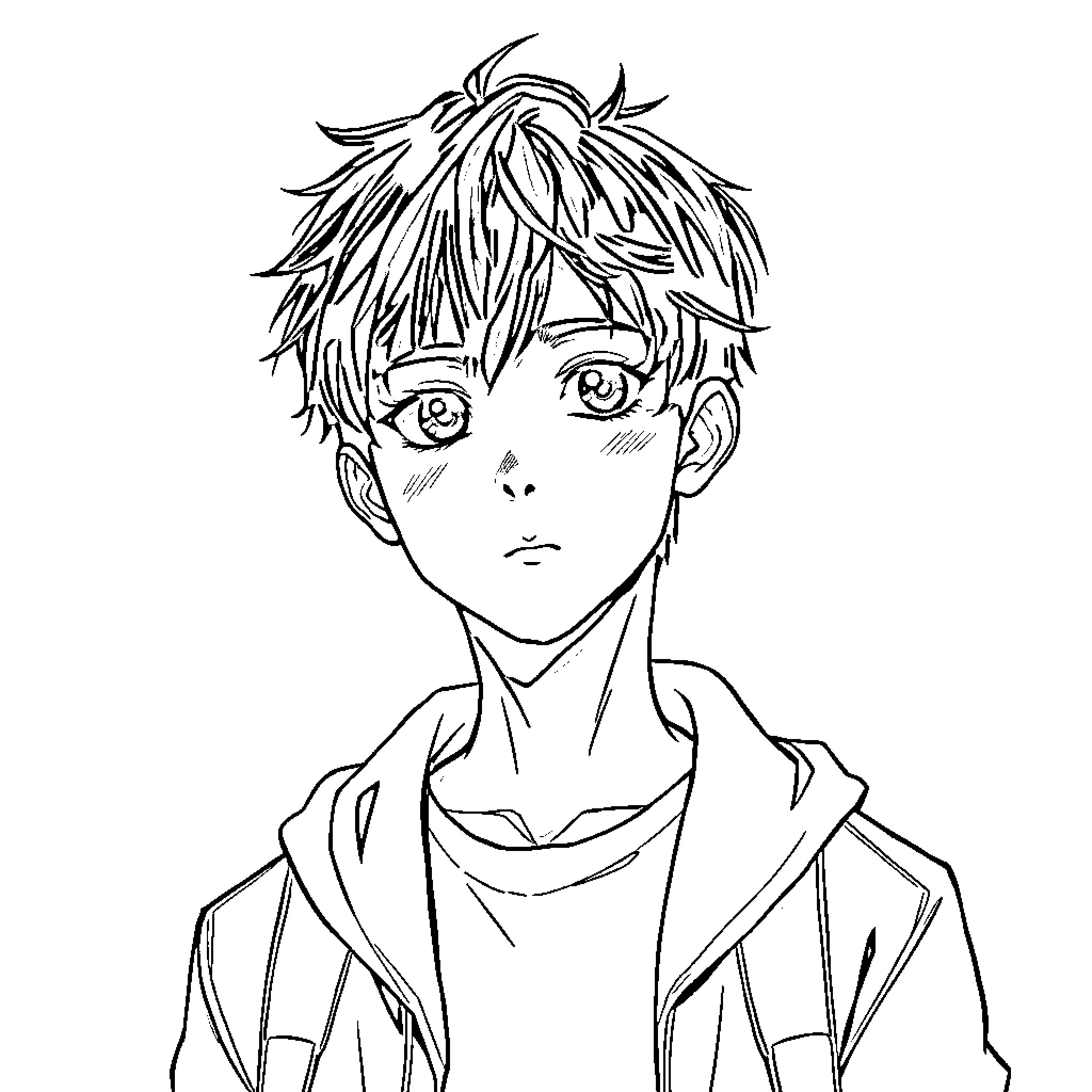 Character with messy hairstyle and serious expression Coloring Page (free black-and-white line drawing printable PDF for all, from beginners to advanced learners, including children, teens, adults, and seniors)
